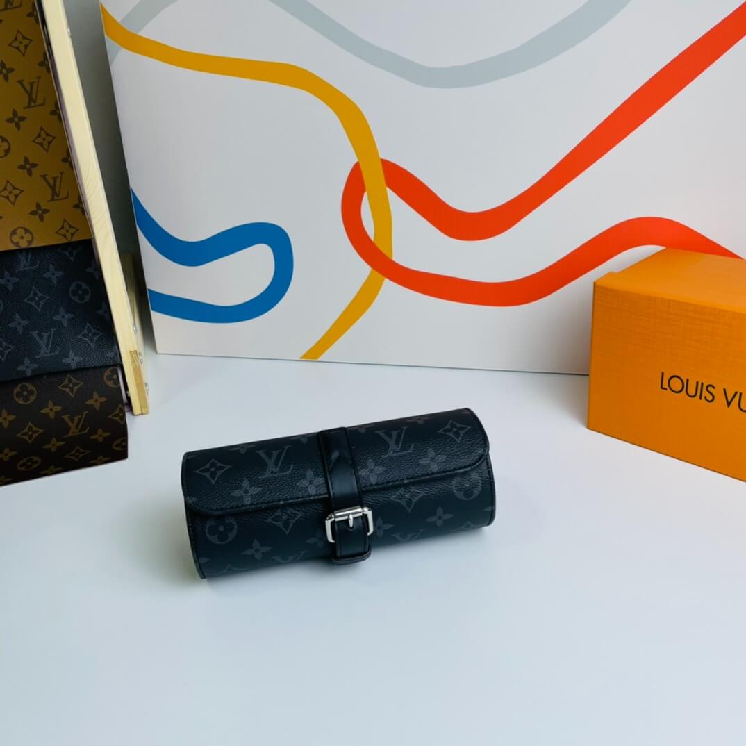 Louis Vuitton Designer 3 Watch Case Monogram Eclipse Canvas Travel M43385