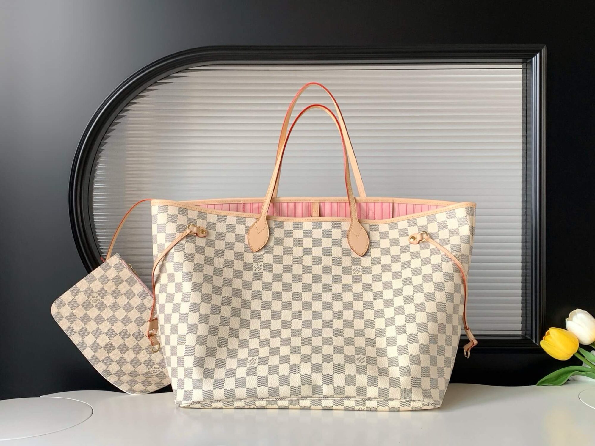 Louis Vuitton LV Damier Azur Canvas Neverfull MM N40603 GM N40604 PM Shoulder Bag N41604 Rose Ballerinas Pink