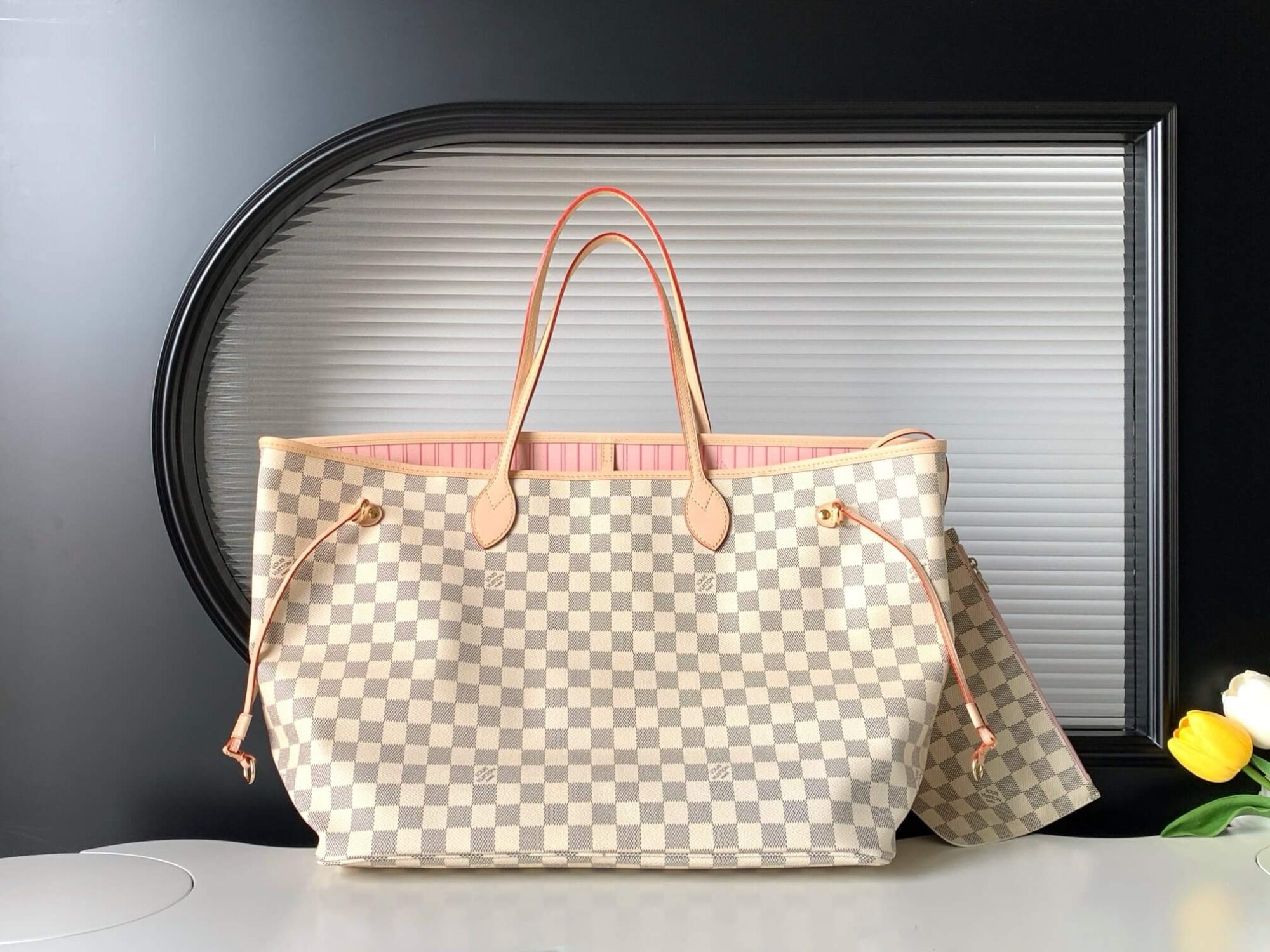 Louis Vuitton LV Damier Azur Canvas Neverfull MM N40603 GM N40604 PM Shoulder Bag N41604 Rose Ballerinas Pink - Image 9