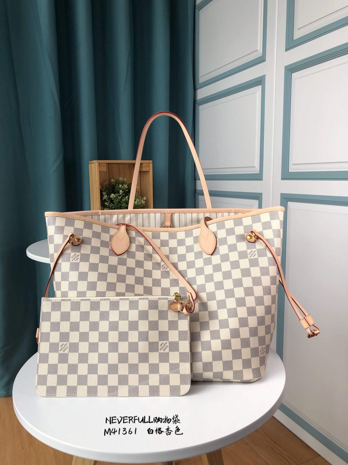 Louis Vuitton LV Damier Azur Canvas Neverfull PM N40605 MM N40604 N40602 GM Tote Shoulder Bag Beige