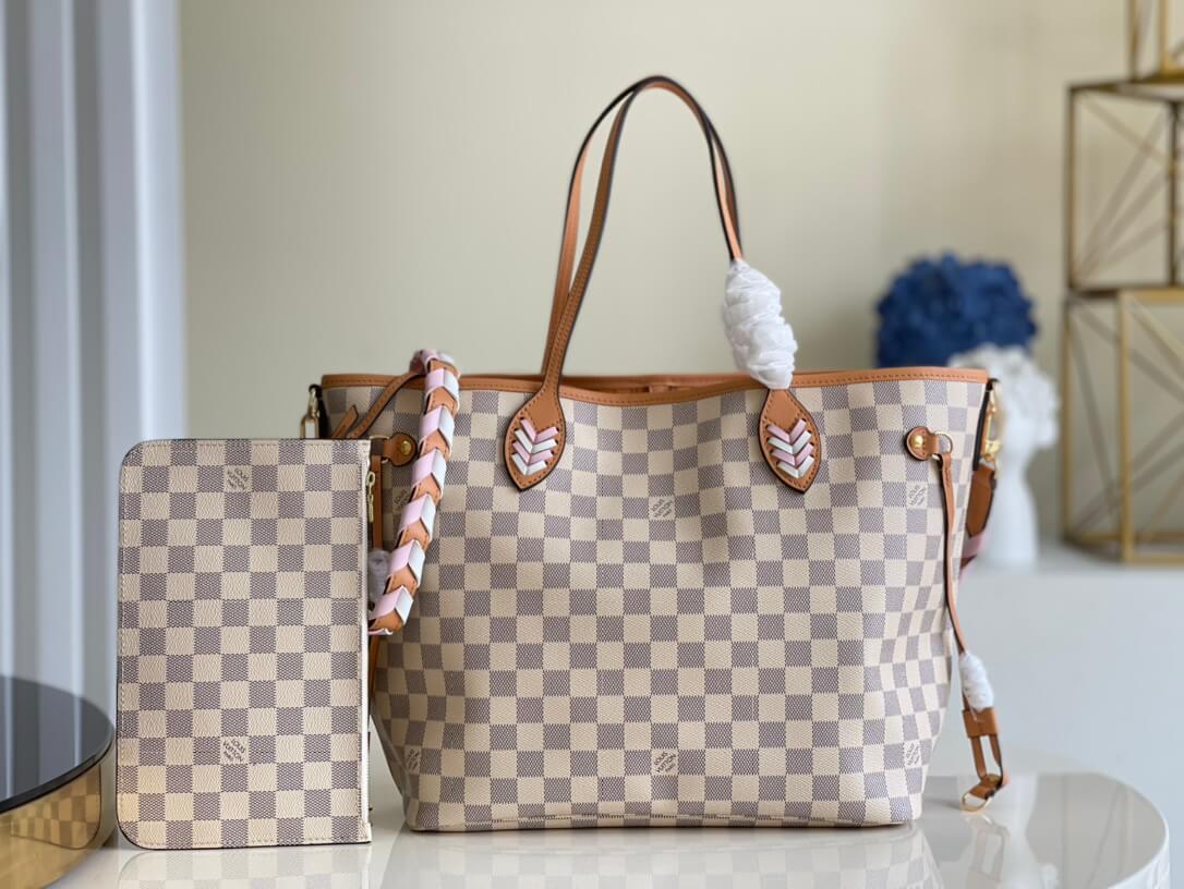 Louis Vuitton LV Damier Azur Canvas Neverfull MM Bag Braided Strap N50047 White Grid Yellow N45295 White Grid Pink
