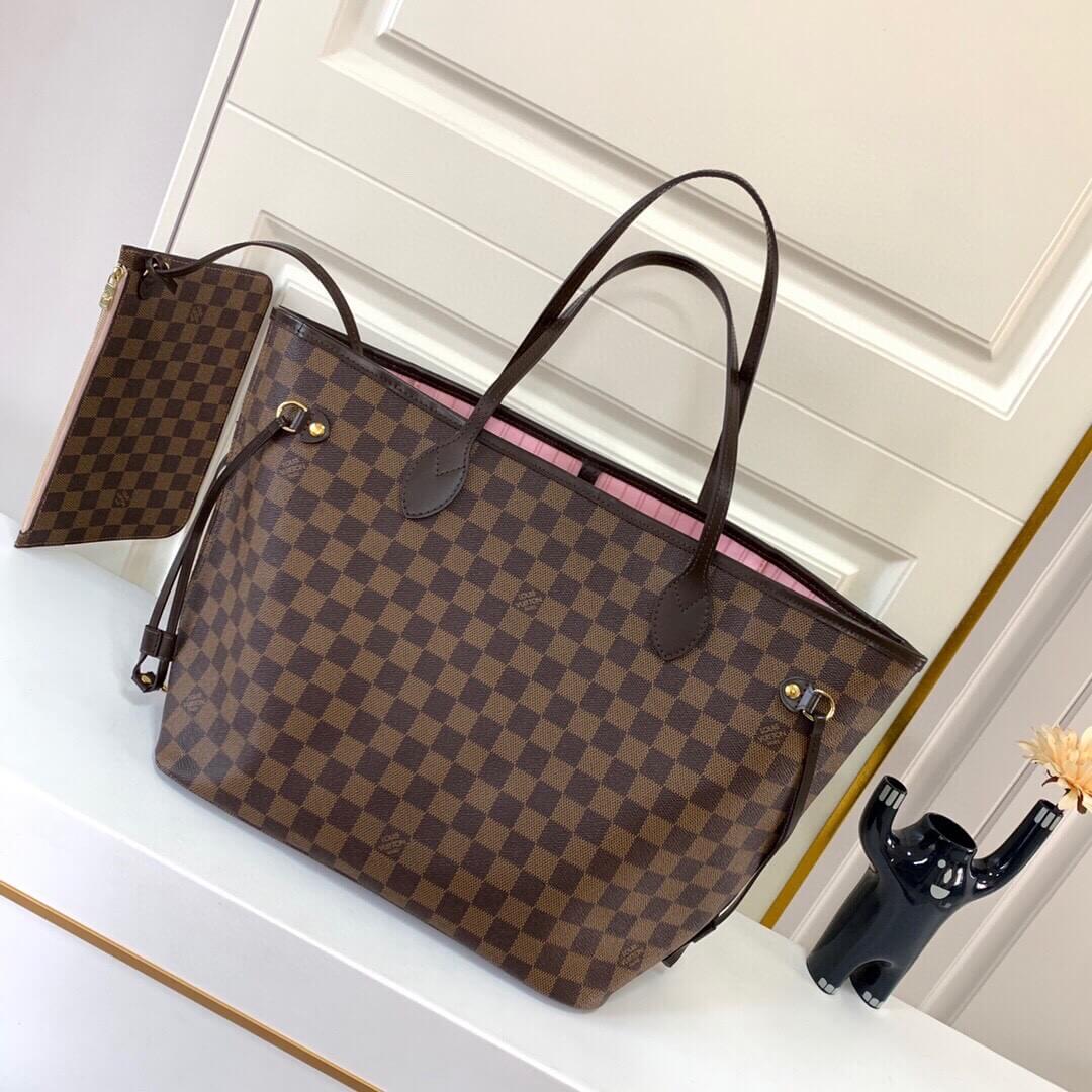 Louis Vuitton LV Damier Ebene Canvas Neverfull MM Tote Shoulder HandBag N40598 Rose Ballerinas Pink