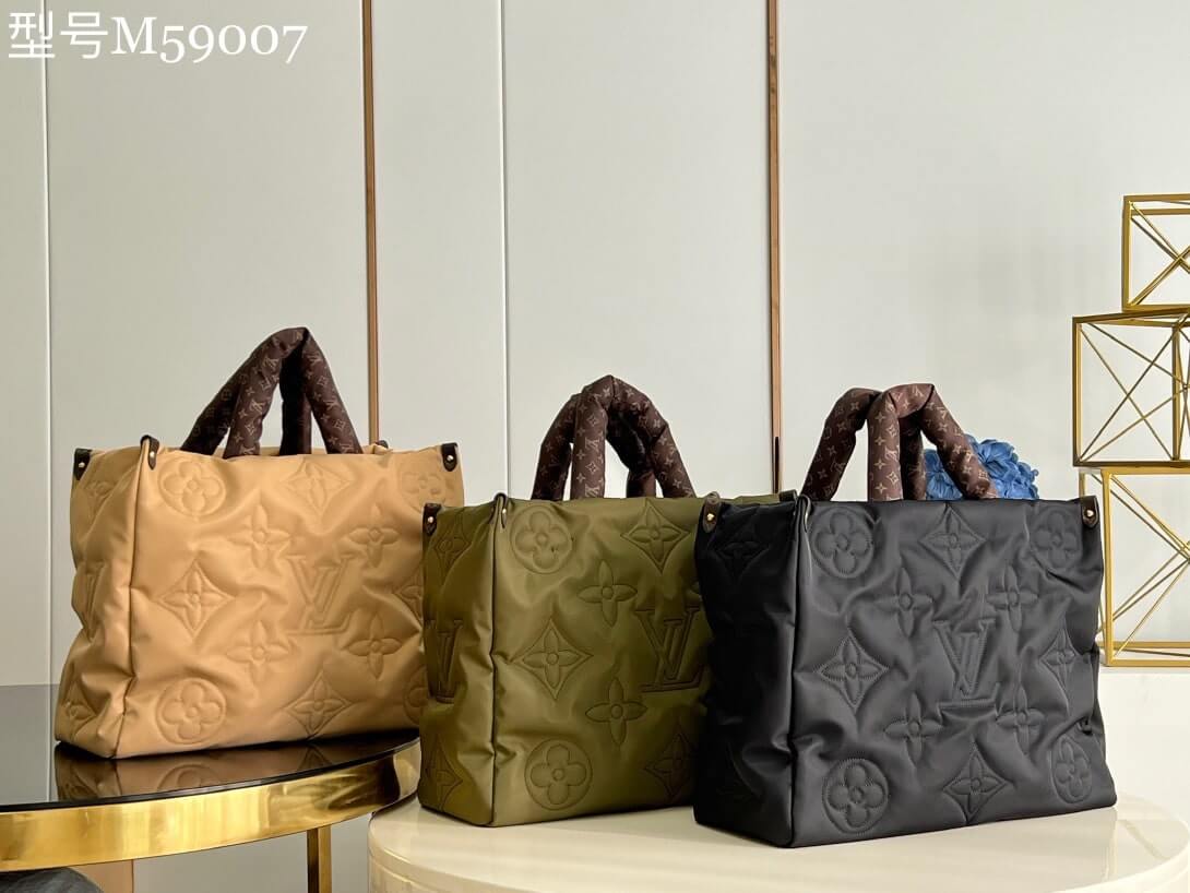 Louis Vuitton LV  Monogram Econyl Nylon ONTHEGO GM Tote Bag M59005 Black M59007 Beige Khaki Green Silver