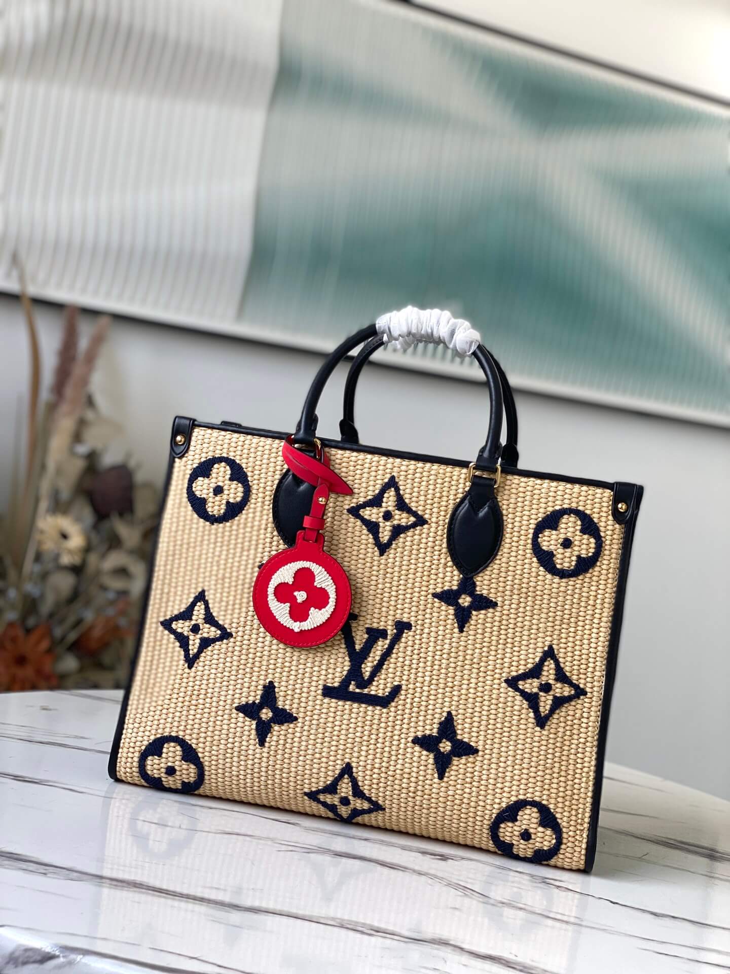Louis LV Vuitton Monogram Raffia OnTheGo MM Tote Handbag M57723 Blue