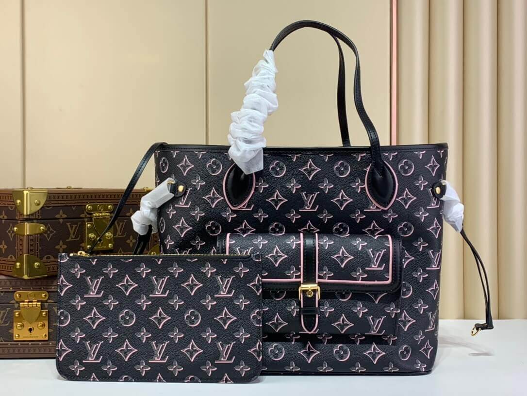 Louis Vuitton LV Monogram canvas Neverfull MM Handbag M46137 Black Pink | M20921 Cream Beige