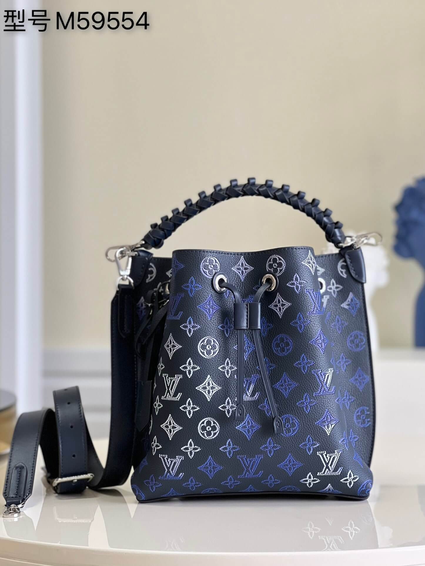 Louis Vuitton Monogram Flowers Muria Tote HandBag M59554 Navy Blue