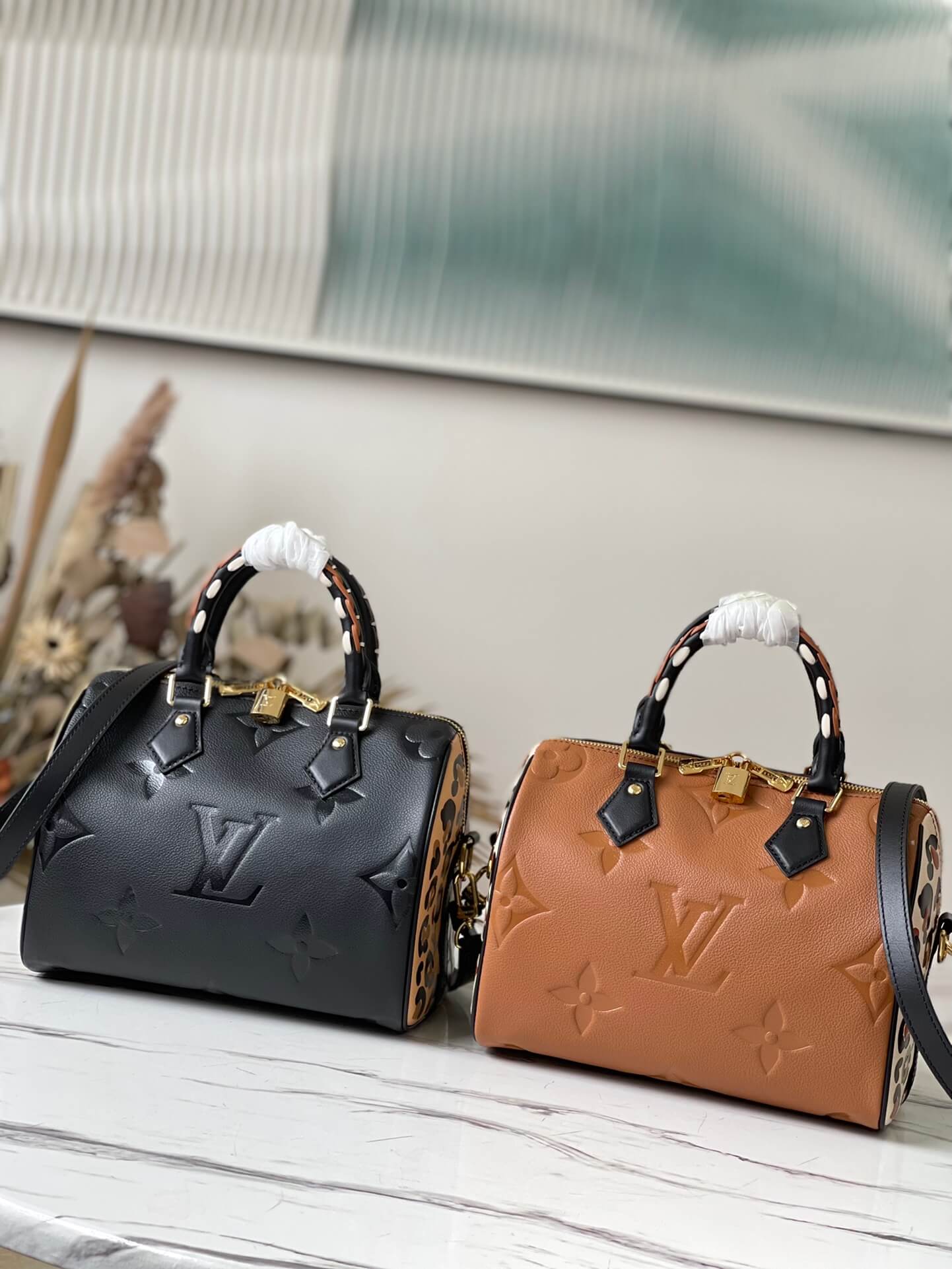 Louis Vuitton Speedy Bandouliere 25 Monogram Leopard Pillow Handbags M58524 Black M45840 Caramel Brown