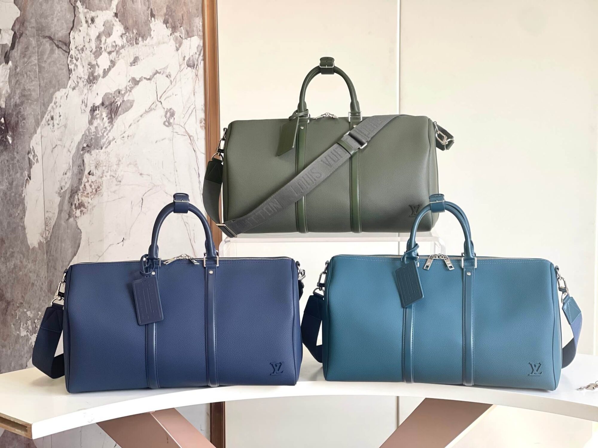 Louis Vuitton LV Aerogram Coated Canvas Keepall Bandoulière 50 Travel Shoulder Bag M21420 Black M21536 Khaki M23727 Atlantic Blue - Dark Blue
