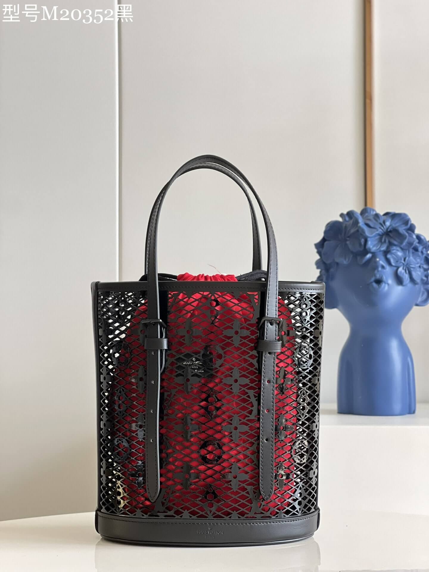 Louis Vuitton LV Bucket PM Plastic Shoulder Handbag M20352 Black/Red