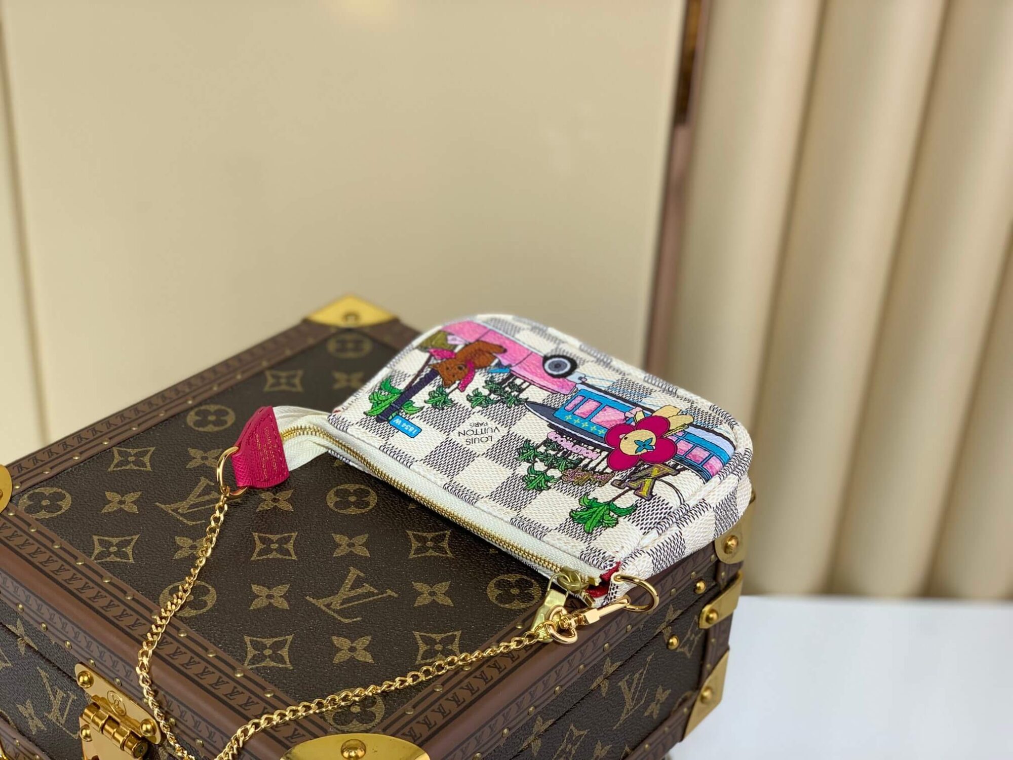 Louis Vuitton LV Damier Azur Canvas Mini Pochette Accessoires Vivienne Holiday N60487 Fuchsia Pink - Image 9