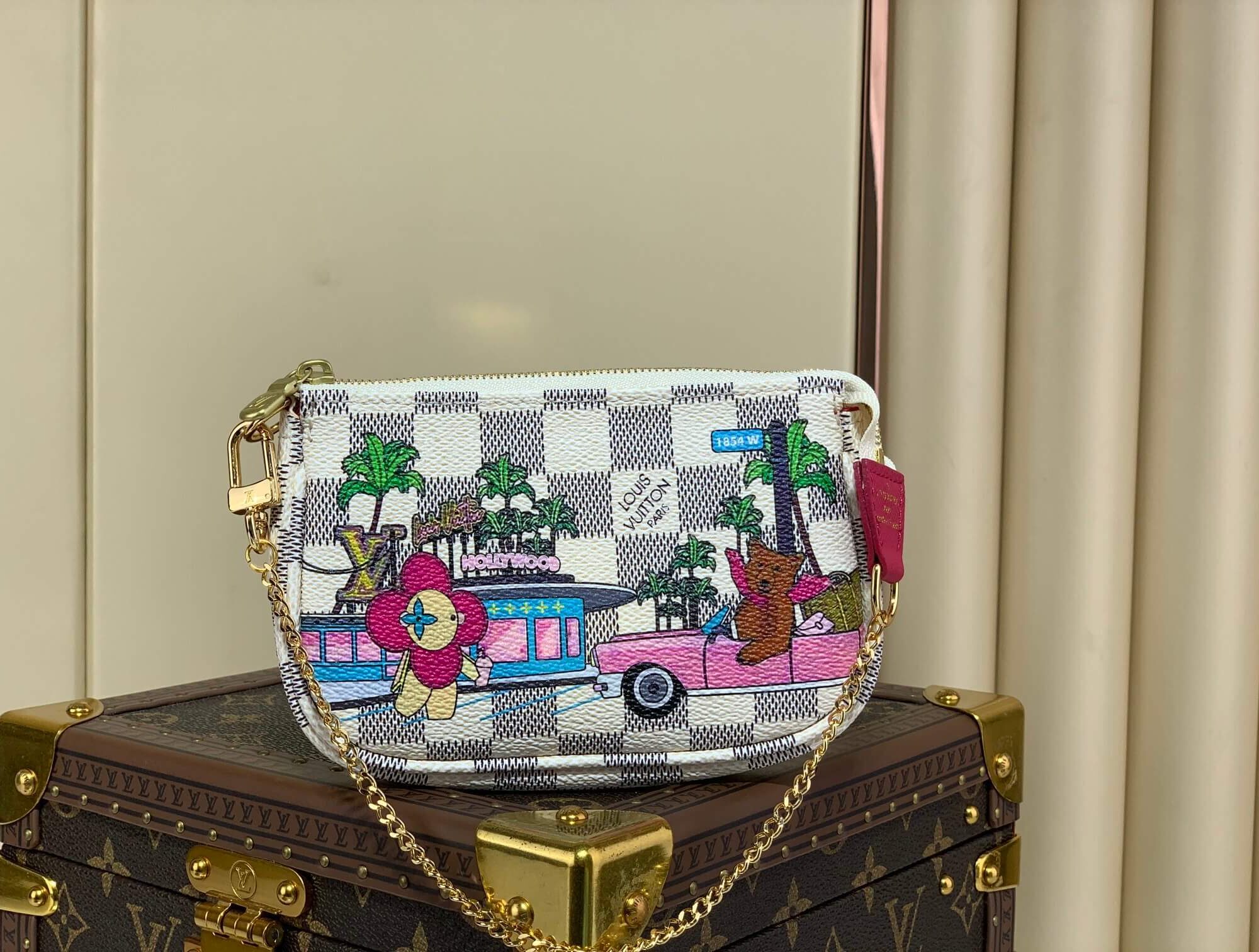 Louis Vuitton LV Damier Azur Canvas Mini Pochette Accessoires Vivienne Holiday N60487 Fuchsia Pink