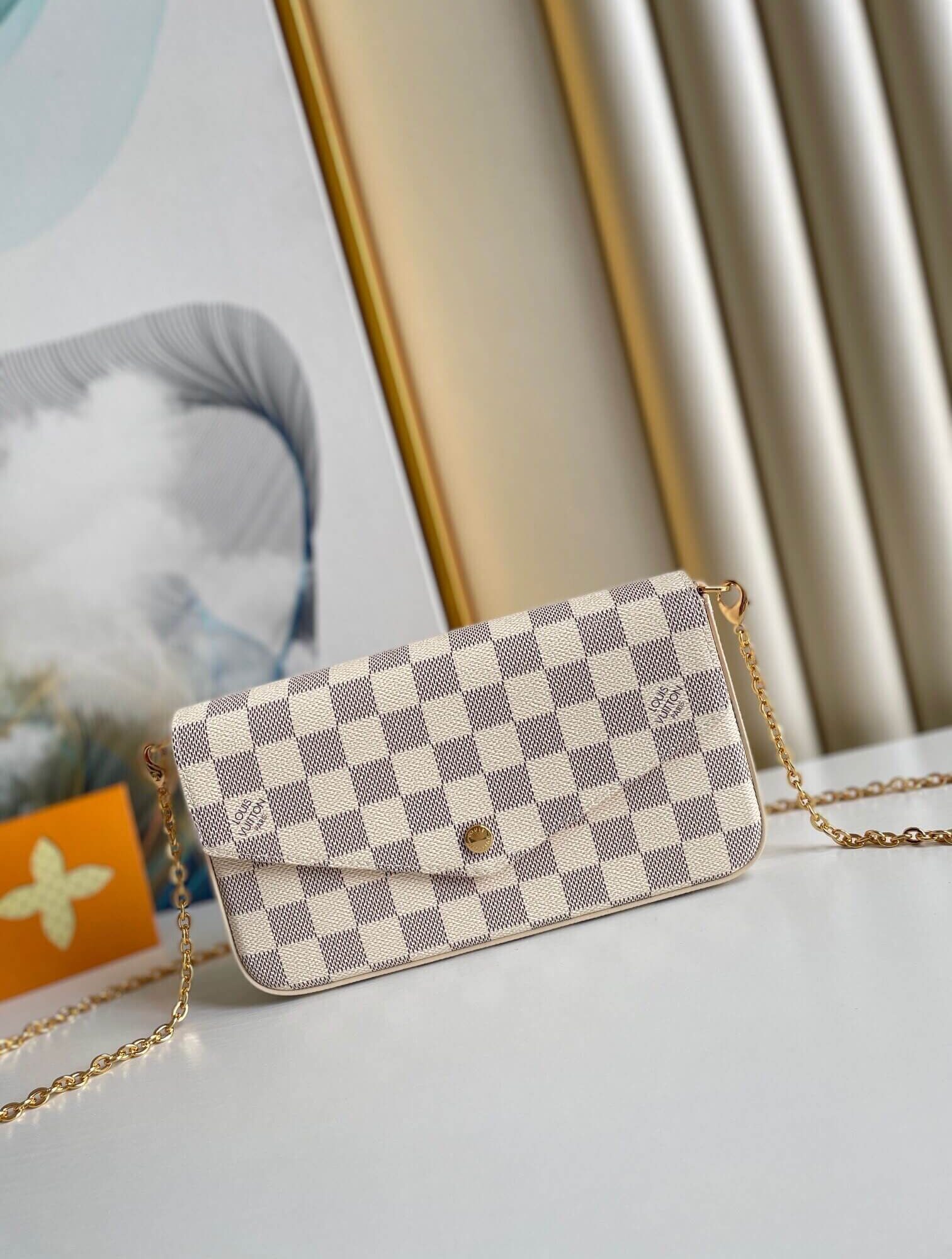 Louis Vuitton LV Damier Azur Canvas Pochette Félicie flap pouch Chain Wallet Shoulder Crossbody N40491 Pink