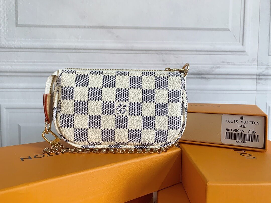 Louis Vuitton LV Damier Azur canvas Mini Pochette Accessoires Wallet Handbag N58010 White Grid