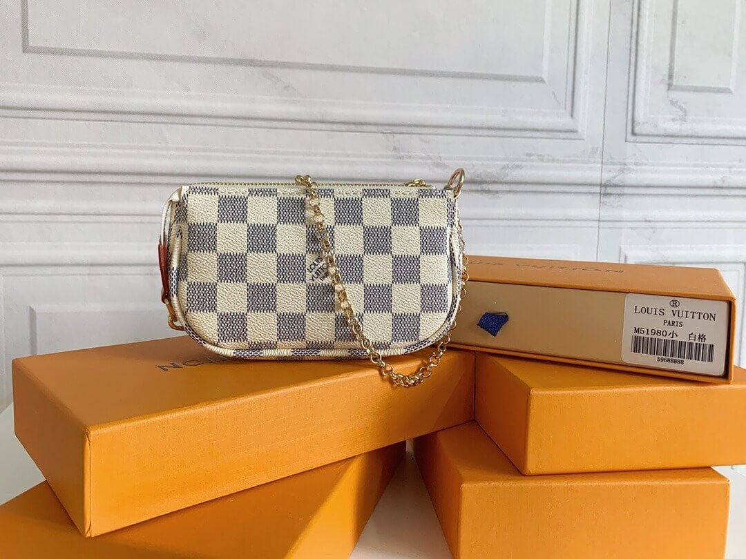 Louis Vuitton LV Damier Azur canvas Mini Pochette Accessoires Wallet Handbag N58010 White Grid - Image 8