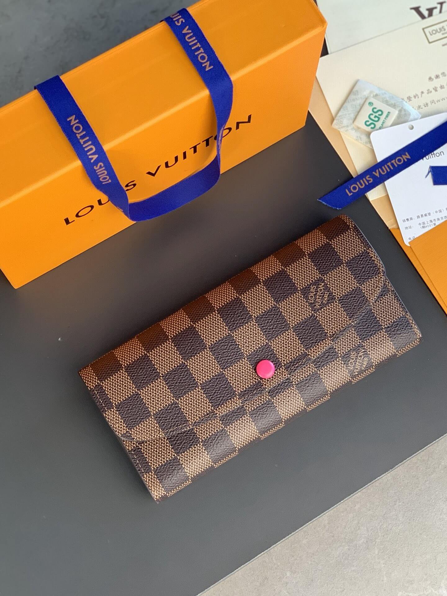 Louis Vuitton LV Damier Ebane Canvas Emilie Wallet Fuchsia Pink - Maroon - Orange