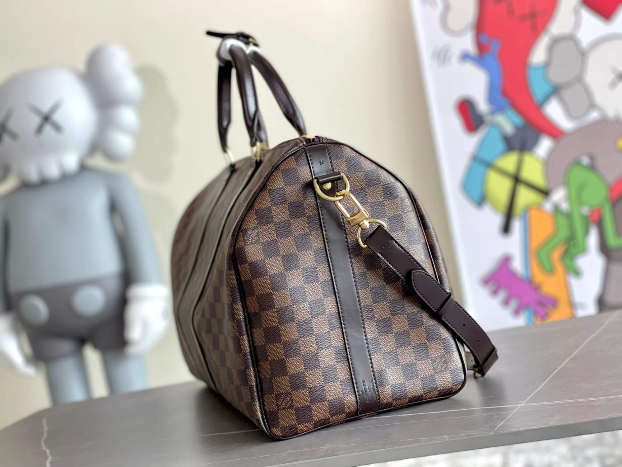 Louis Vuitton LV Damier Ebene - Damier Graphite Canvas Keepall Bandouliere 45 N41418 - 50 N41416 55 - N41414 N41413 Travel Shoulder HanBag Brown - Black - Image 3