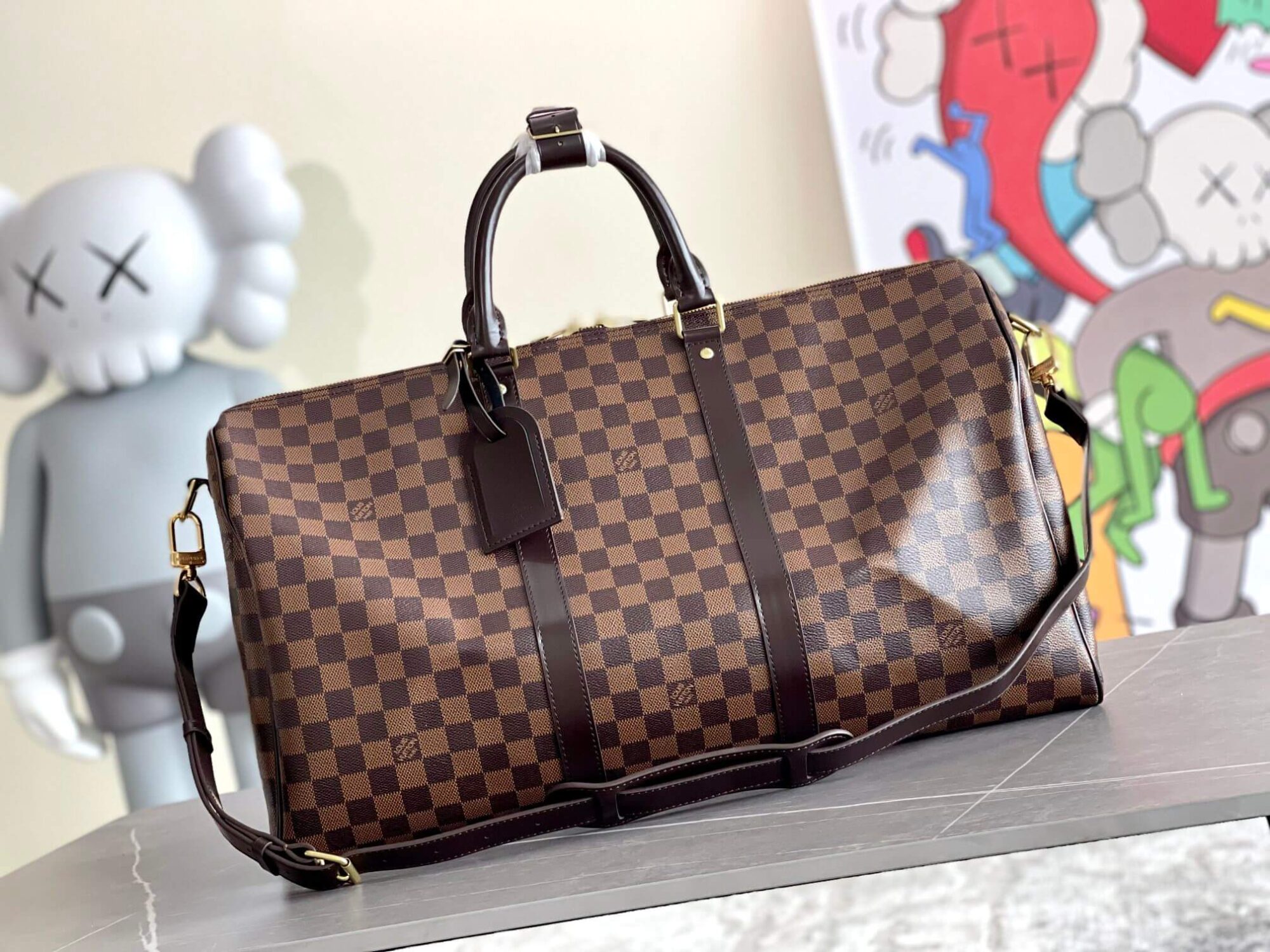 Louis Vuitton LV Damier Ebene - Damier Graphite Canvas Keepall Bandouliere 45 N41418 - 50 N41416 55 - N41414 N41413 Travel Shoulder HanBag Brown - Black