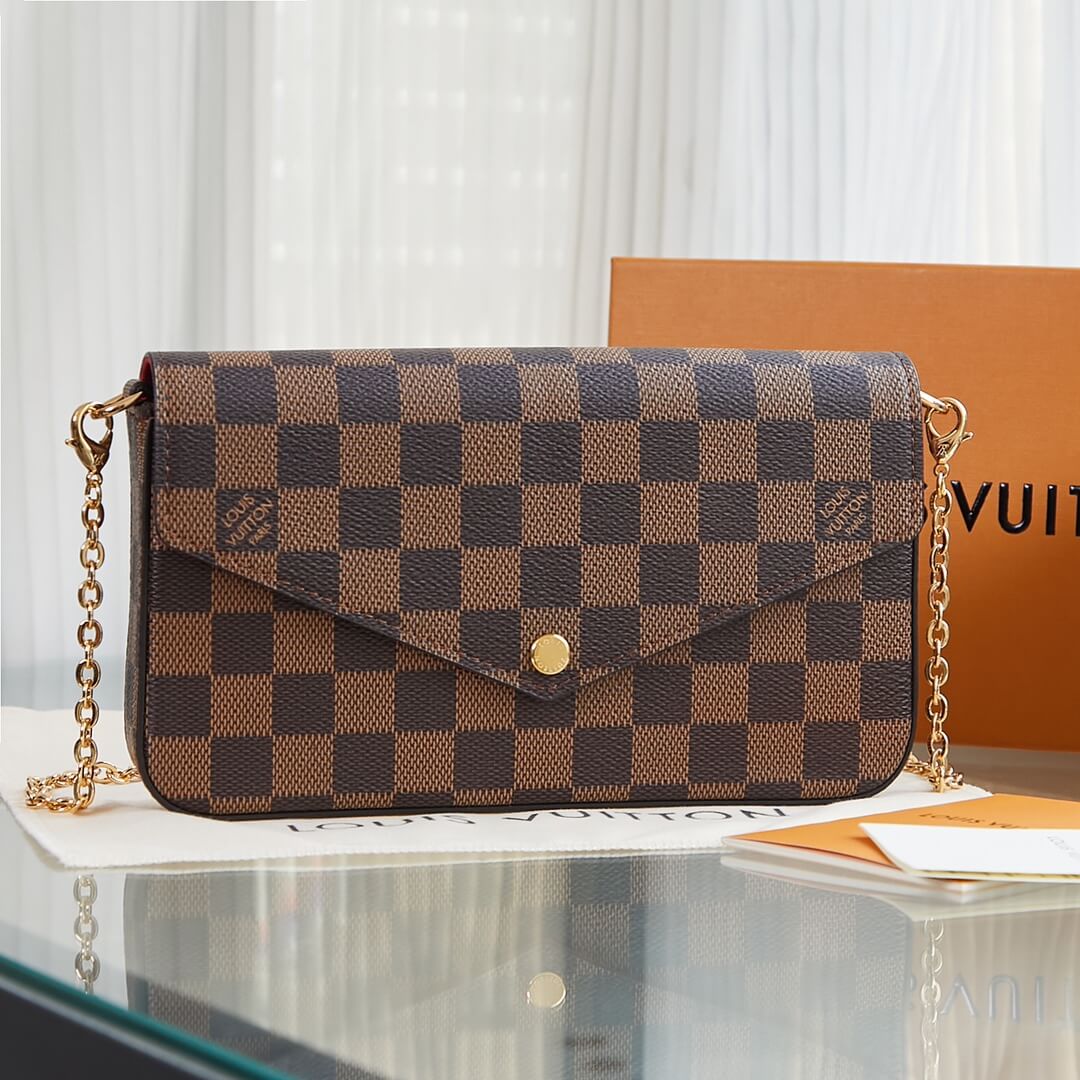 Louis Vuitton LV Damier Ebene Canvas Pochette Félicie flap pouch Chain Wallet Shoulder Crossbody N40492 Cerise Red