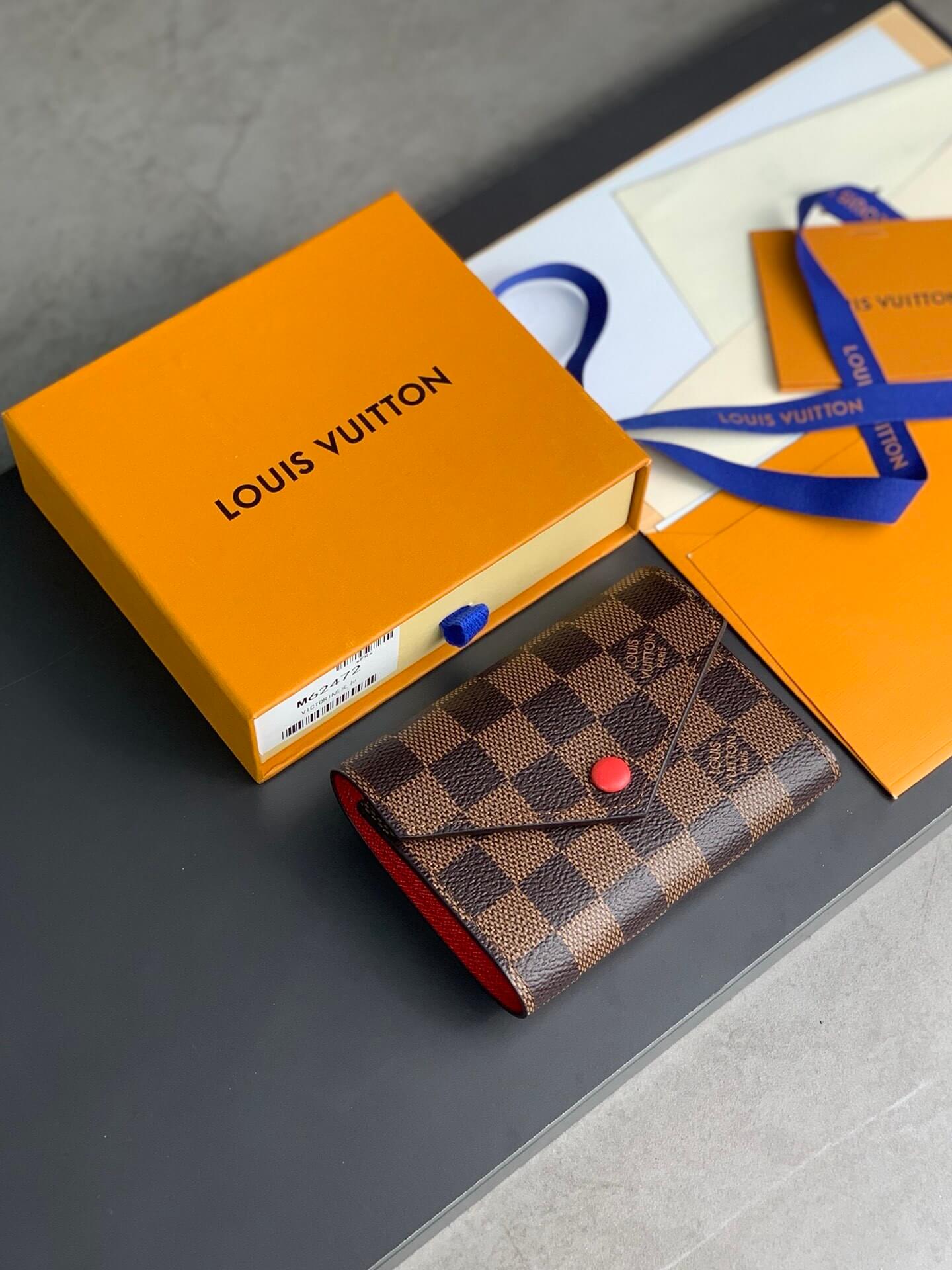 Louis Vuitton LV Damier Ebene Canvas Victorine Wallet Mini Purse Red
