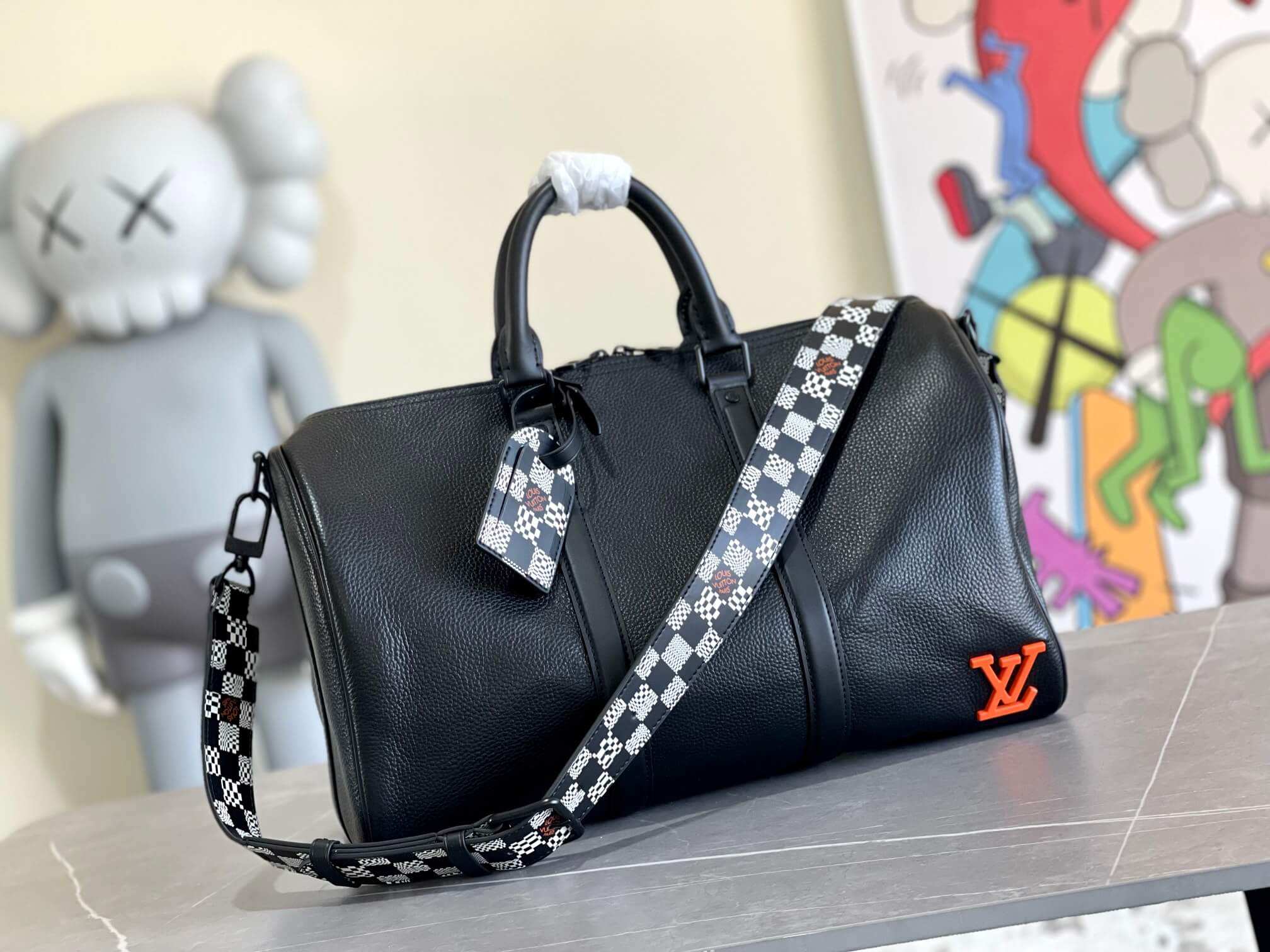 Louis Vuitton LV Damier Graphite Canvas Keepall Bandoulière 45 Travel Shoulder Handbag M57416 Black / White Grid