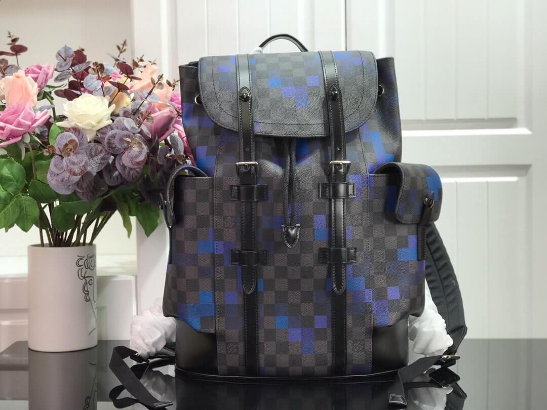 Louis Vuitton LV Damier Graphite Pixel canvas Christopher Backpack Bag N40063 Black / Blue