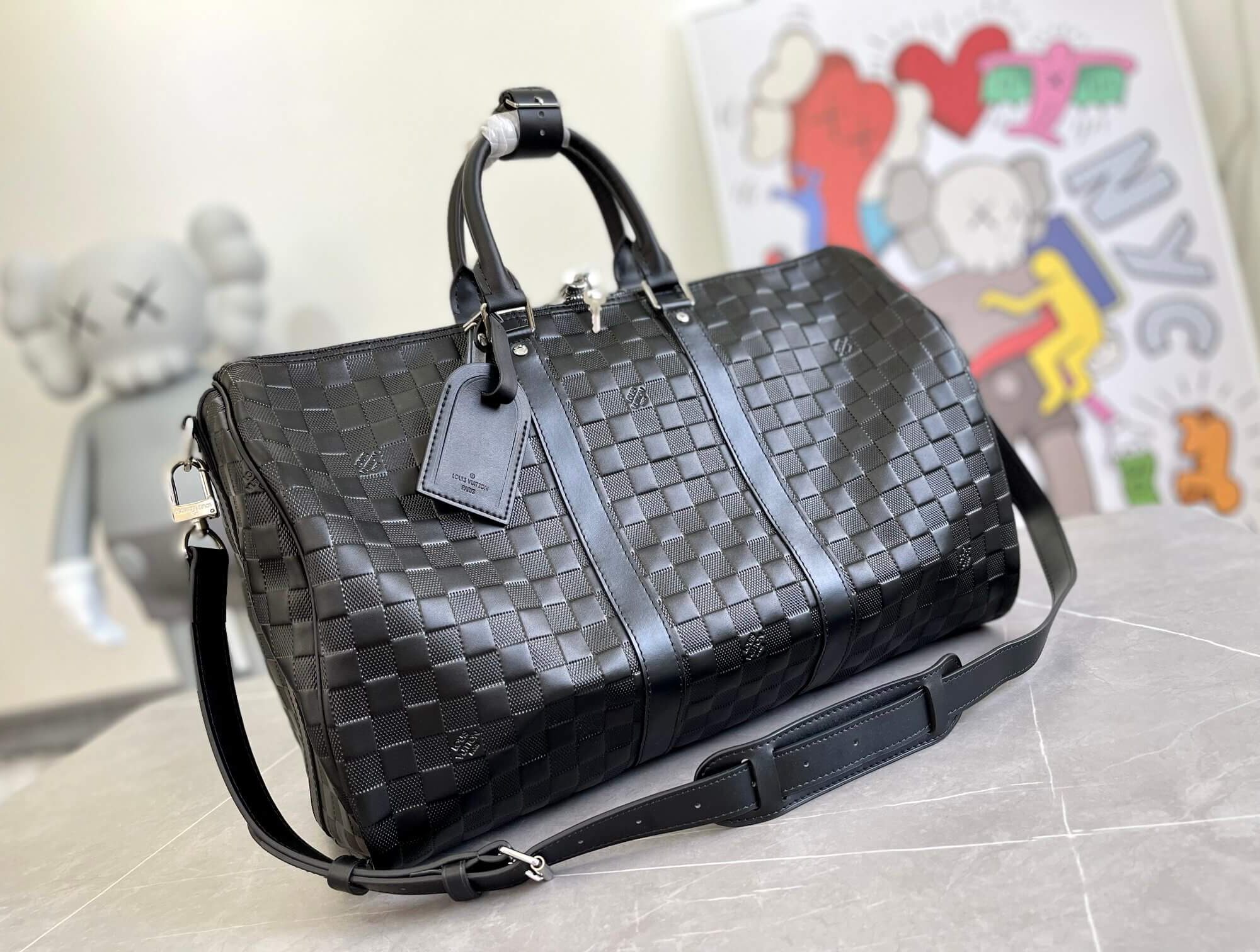 Louis Vuitton LV Damier Infini Keepall Bandouliere 45 Travel Shoulder Bag N41145 Black Grid - Blue Grid