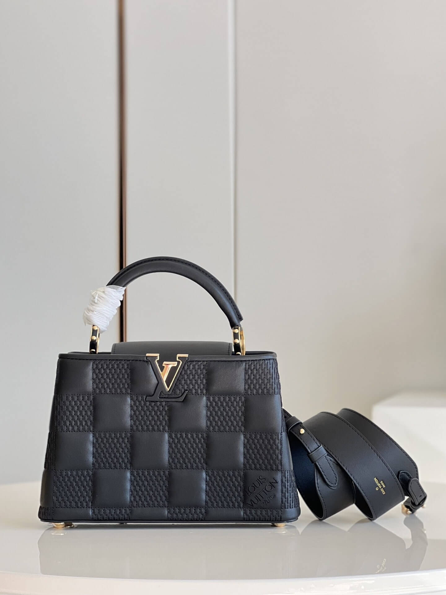 Louis Vuitton LV Damier Quilt lambskin Capucines BB Shoulder Handbag M59225 Black - Beige
