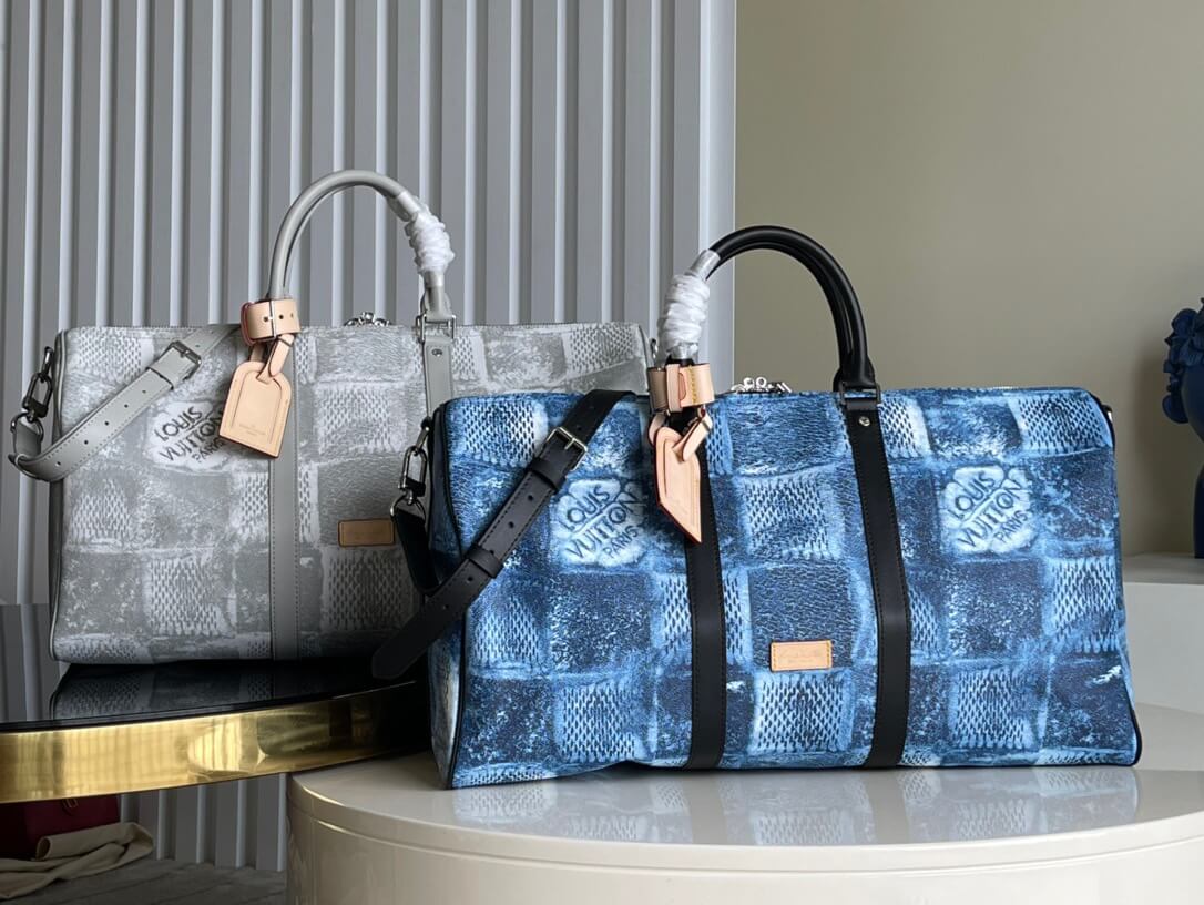 Louis Vuitton LV Damier Salt Canvas Keepall Bandouliere 50 Travel Bag N50069 Blue - Light Grey