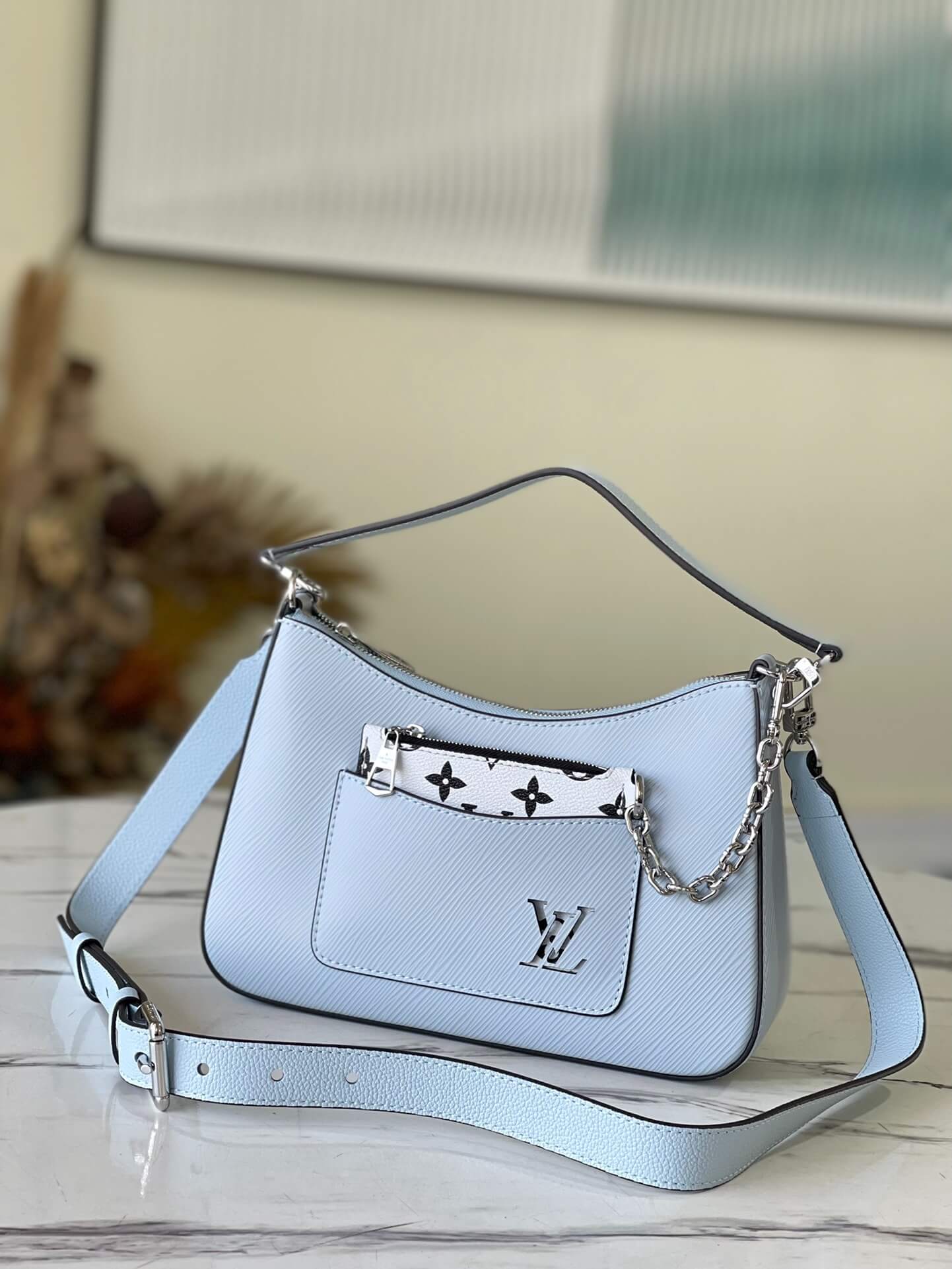 Louis Vuitton LV Epi Leather Marelle 25 Shoulder Crossbody Handbag Blue - M80688 Quartz White M80689 Black M80794 Honey Gold / Caramel M25298 Gold Yellow M22215 Light Yellow