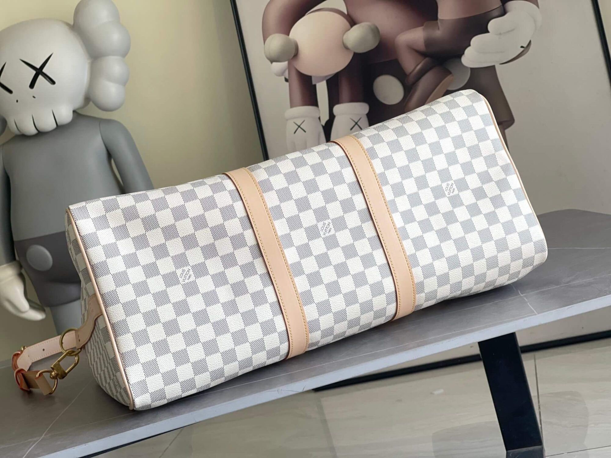 Louis Vuitton LV Keepall Bandoulière  55 Travel Shoulder HandBag N41429 White Grid - Image 9