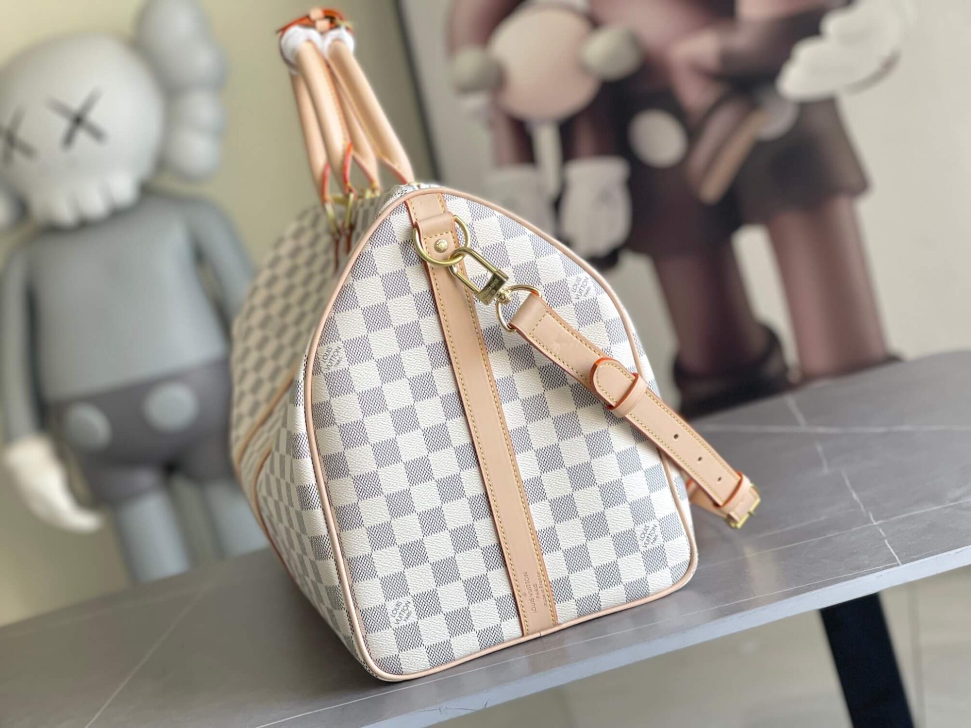Louis Vuitton LV Keepall Bandoulière  55 Travel Shoulder HandBag N41429 White Grid - Image 4