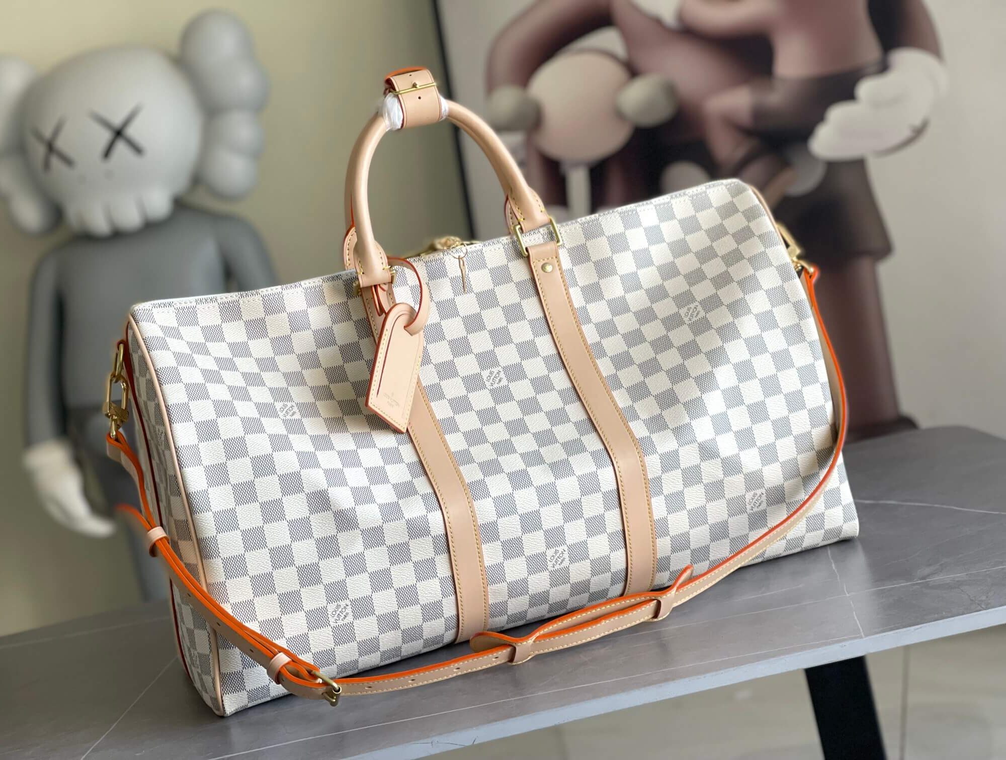 Louis Vuitton LV Keepall Bandoulière  55 Travel Shoulder HandBag N41429 White Grid