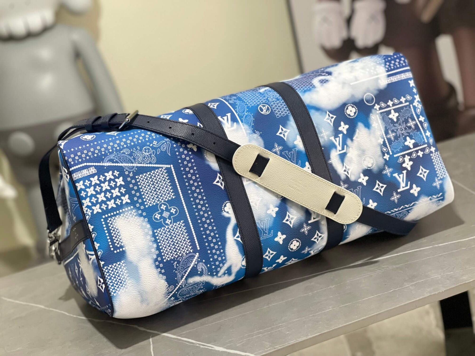 Louis Vuitton LV Monogram Bandana Keepall Bandoulière 50 Travel Shoulder Bag M20558 Blue - Image 9