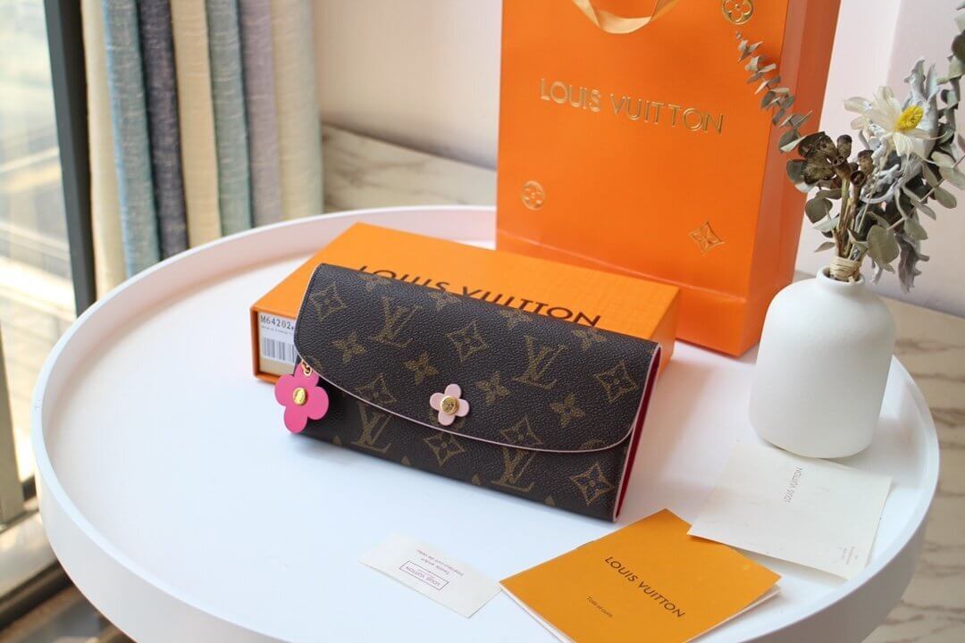 Louis Vuitton LV Monogram Canvas Emilie Long Wallet Bloom Flower Fuchsia Pink - Red - Pink - Blue / Pink