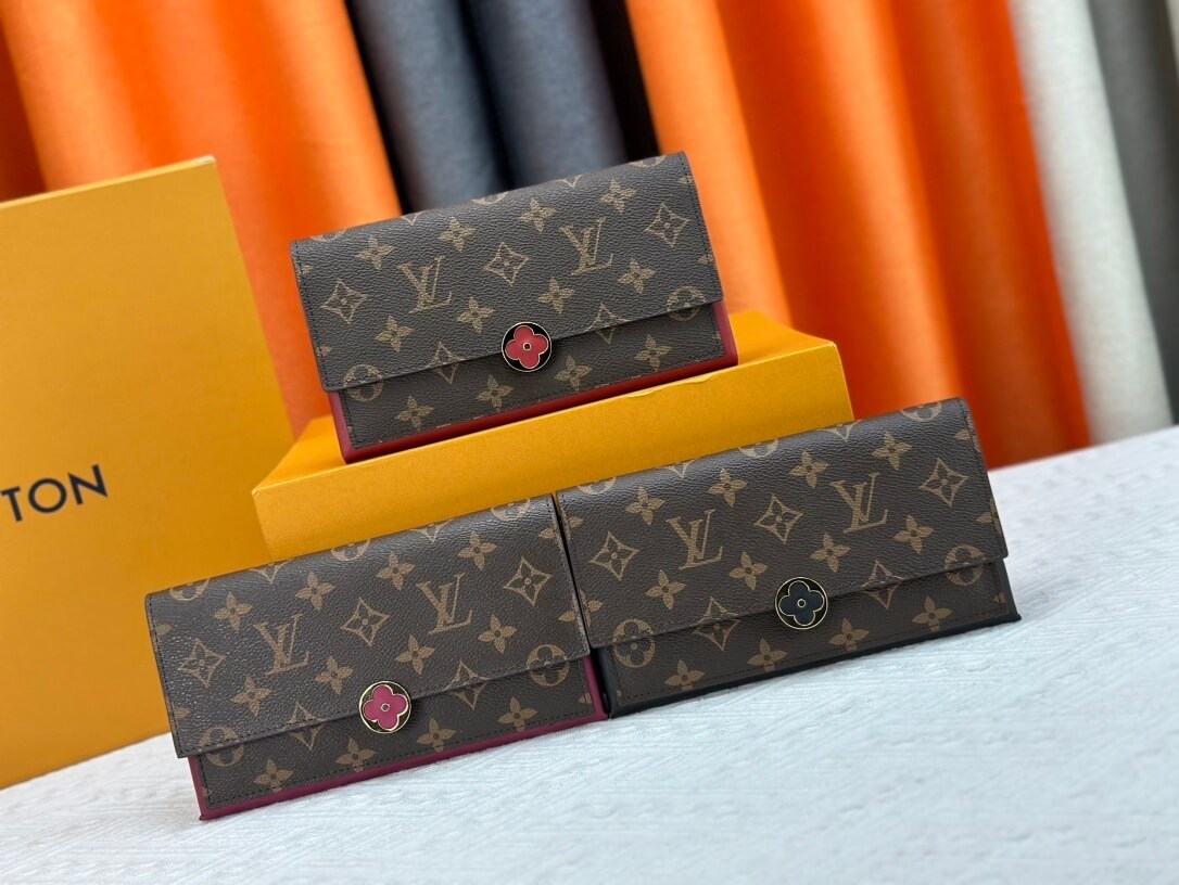 Louis Vuitton LV Monogram Canvas Flore Wallet M64585 Black - Red - Fuchsia Pink