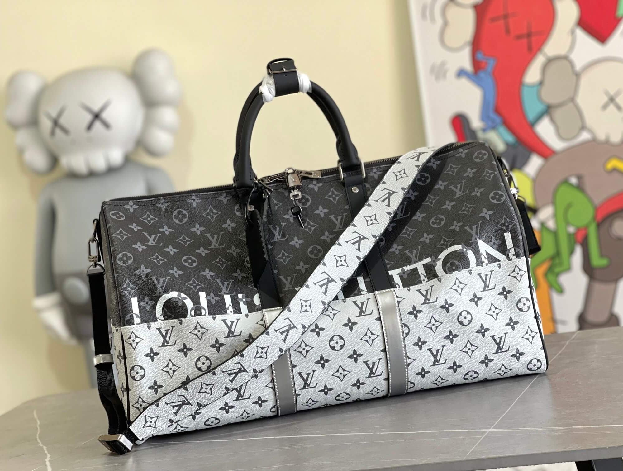 Louis Vuitton LV Monogram Canvas Keepall Bandouliere 50 Travel Shoulder Bag M43412 Black / Grey