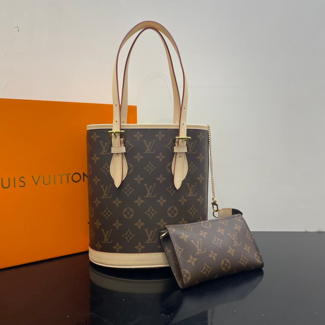 Louis Vuitton LV Monogram Canvas Petit Bucket City Shoulder Bag M42238 Brown