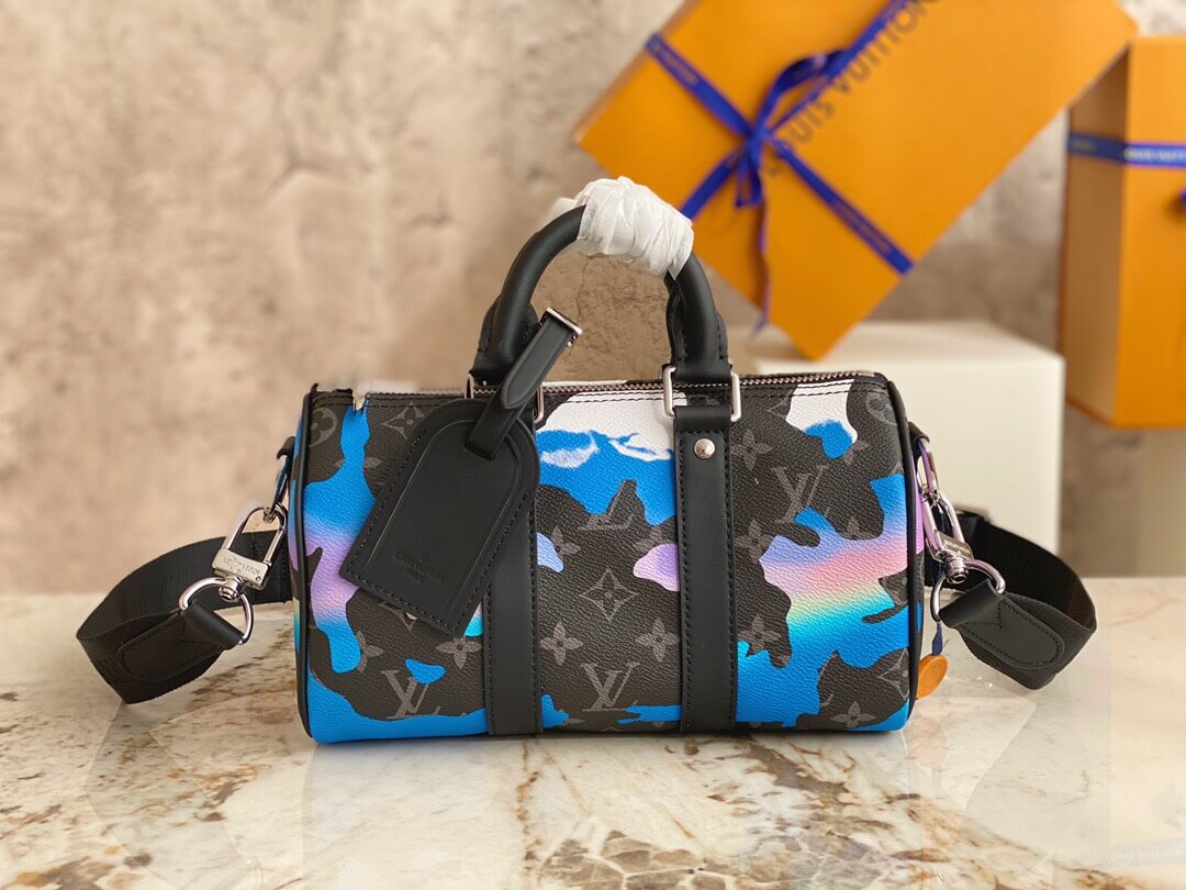 Louis Vuitton LV Monogram Eclipse Canvas Keepall 25 Shoulder HandBag M46356 Black / Blue