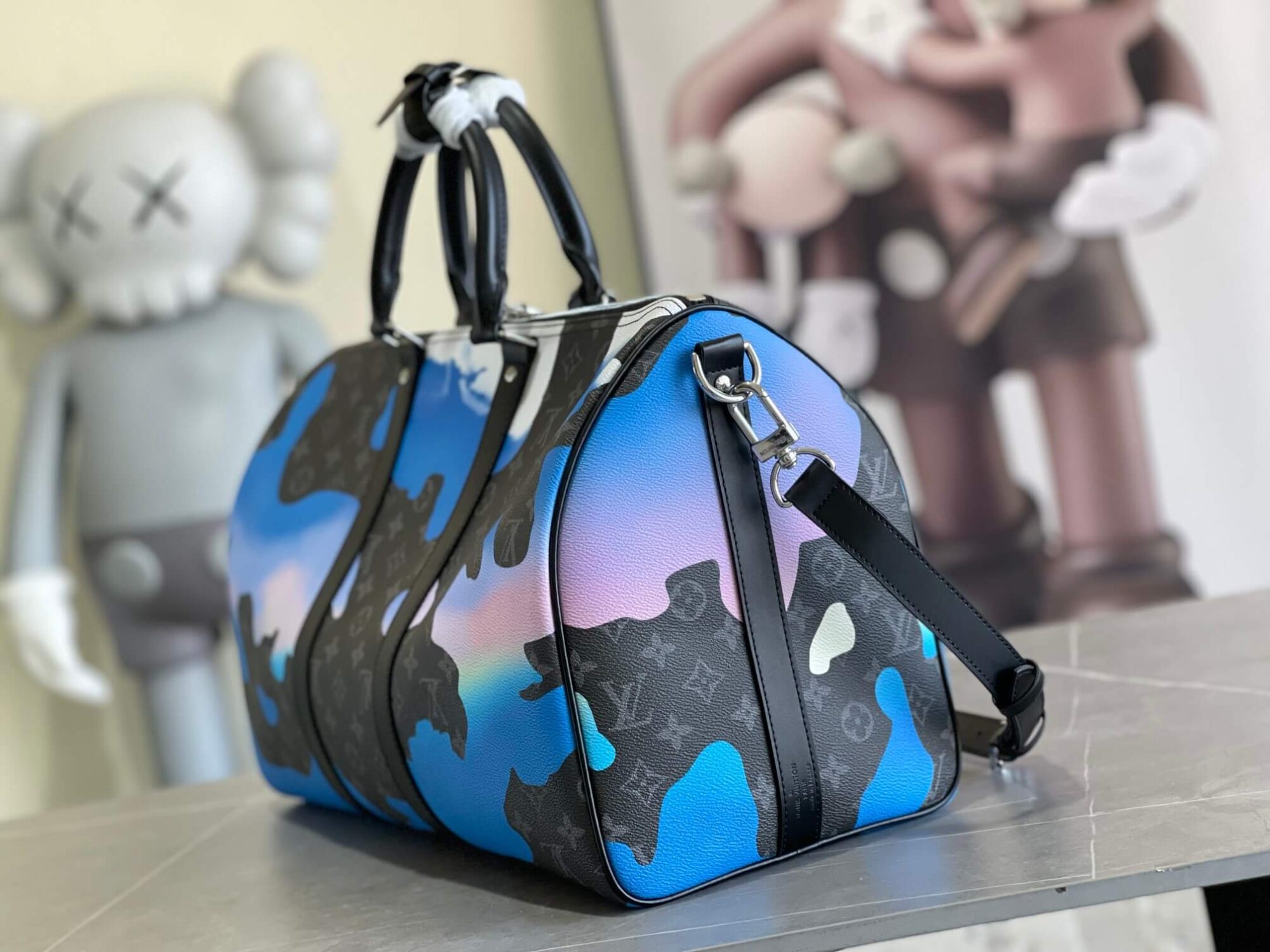 Louis Vuitton LV Monogram Eclipse Canvas Keepall 45 Travel Shoulder HandBag M46356 Black / Blue - Image 3