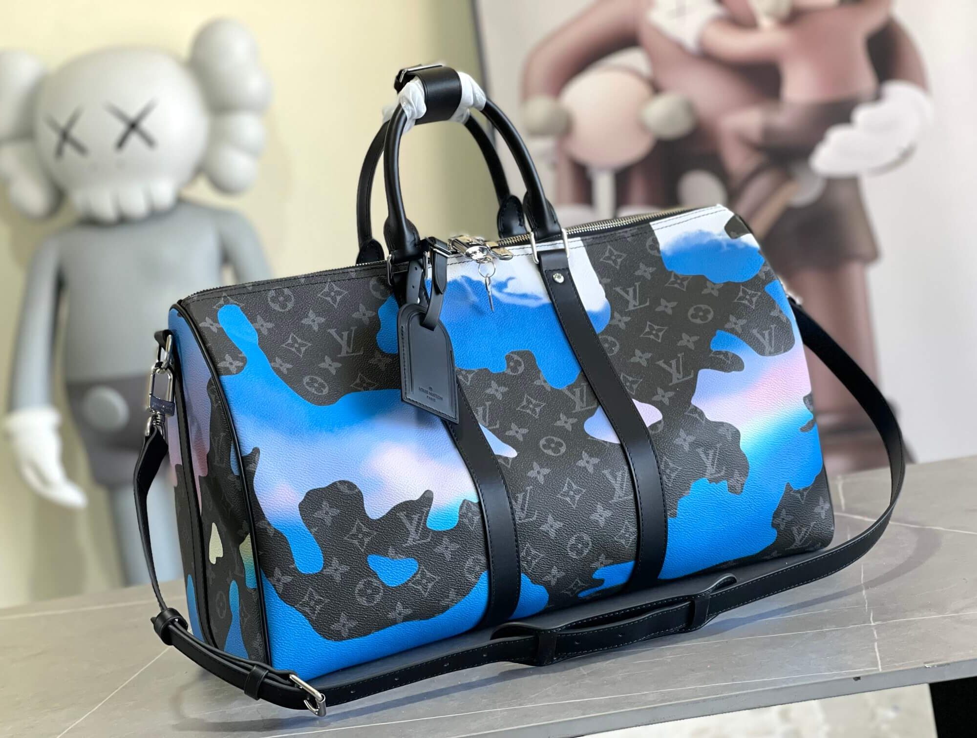 Louis Vuitton LV Monogram Eclipse Canvas Keepall 45 Travel Shoulder HandBag M46356 Black / Blue