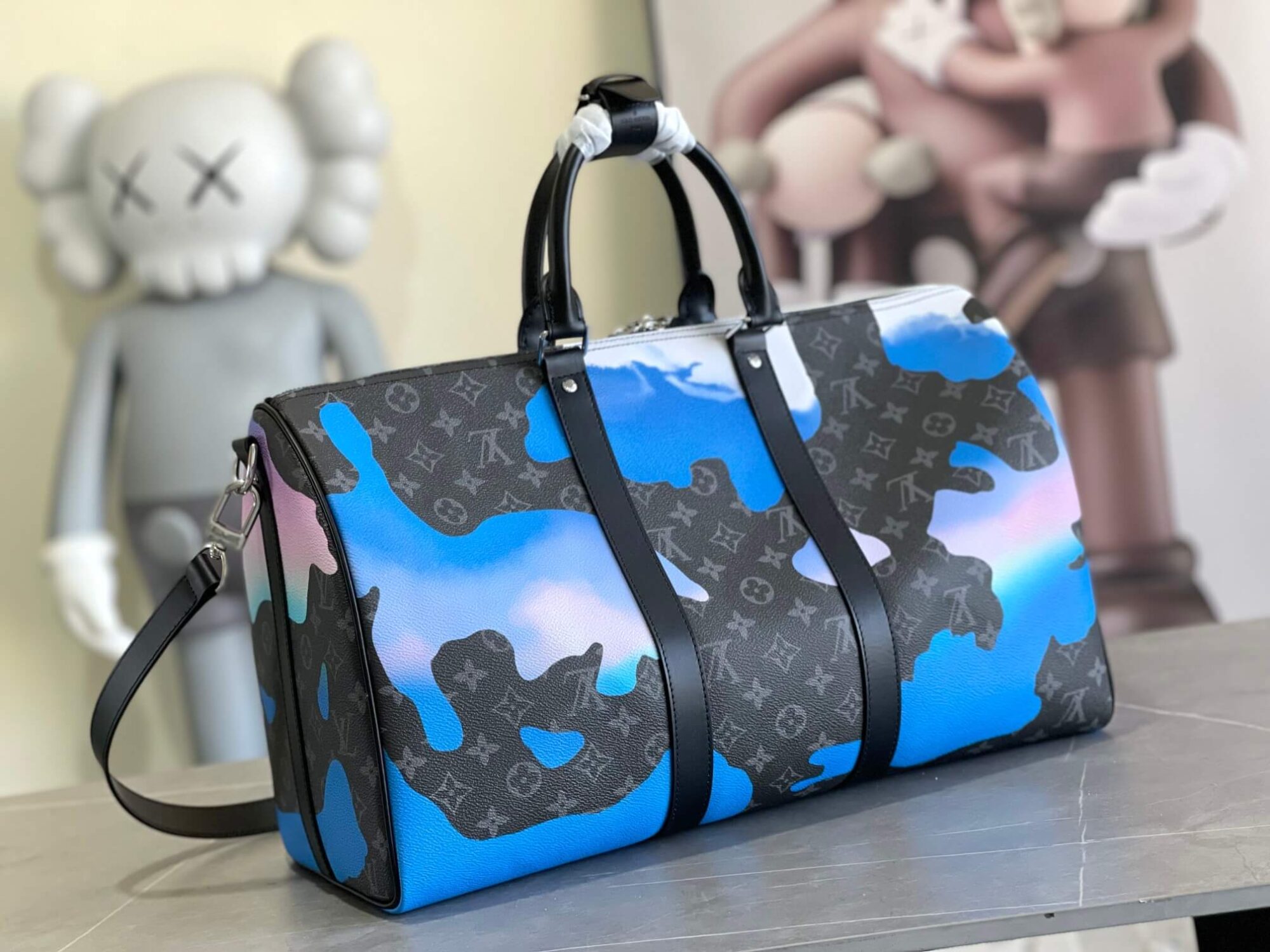 Louis Vuitton LV Monogram Eclipse Canvas Keepall 45 Travel Shoulder HandBag M46356 Black / Blue - Image 2