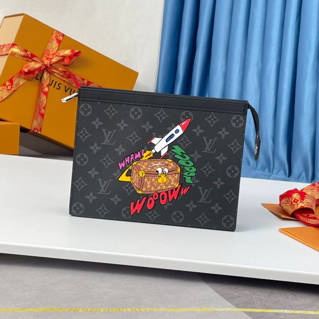 Louis Vuitton LV Monogram Eclipse Canvas Pochette Voyage MM HandBag M80914 Black / Red