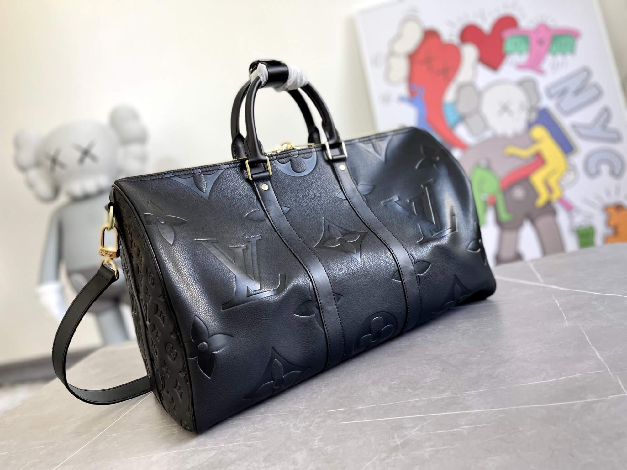 Louis Vuitton LV Monogram Empreinte Giant Keepall Bandoulière 45 Travel Shoulder Bag M45532 Black M46114 Turtledove Beige - Image 2
