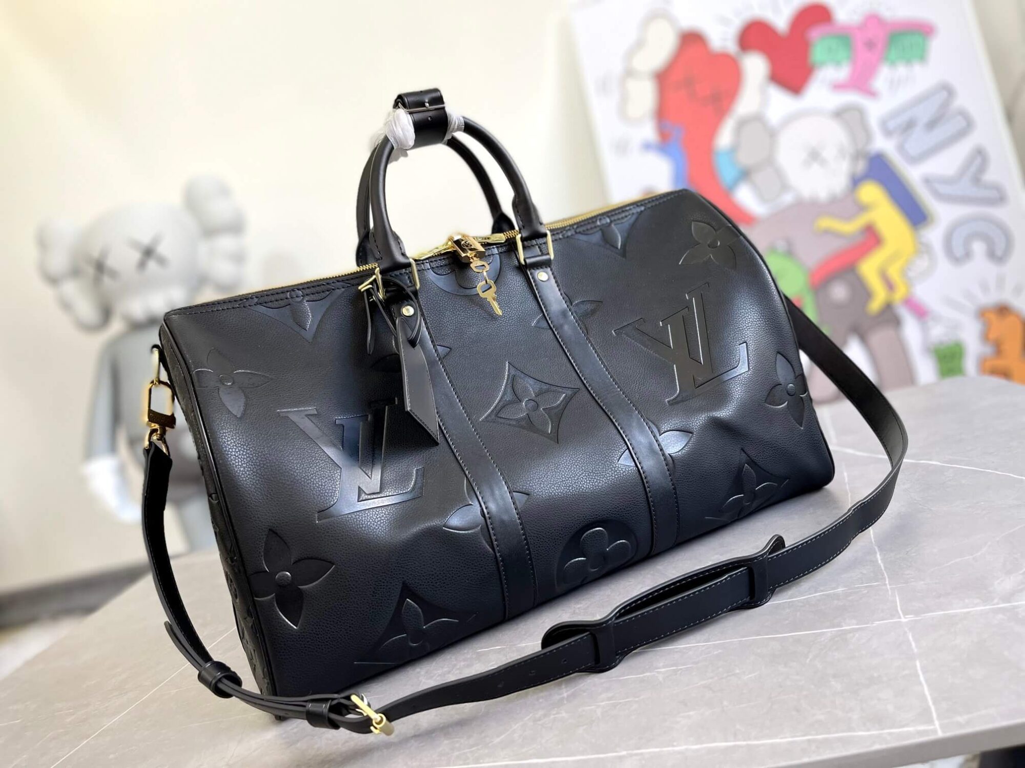 Louis Vuitton LV Monogram Empreinte Giant Keepall Bandoulière 45 Travel Shoulder Bag M45532 Black M46114 Turtledove Beige
