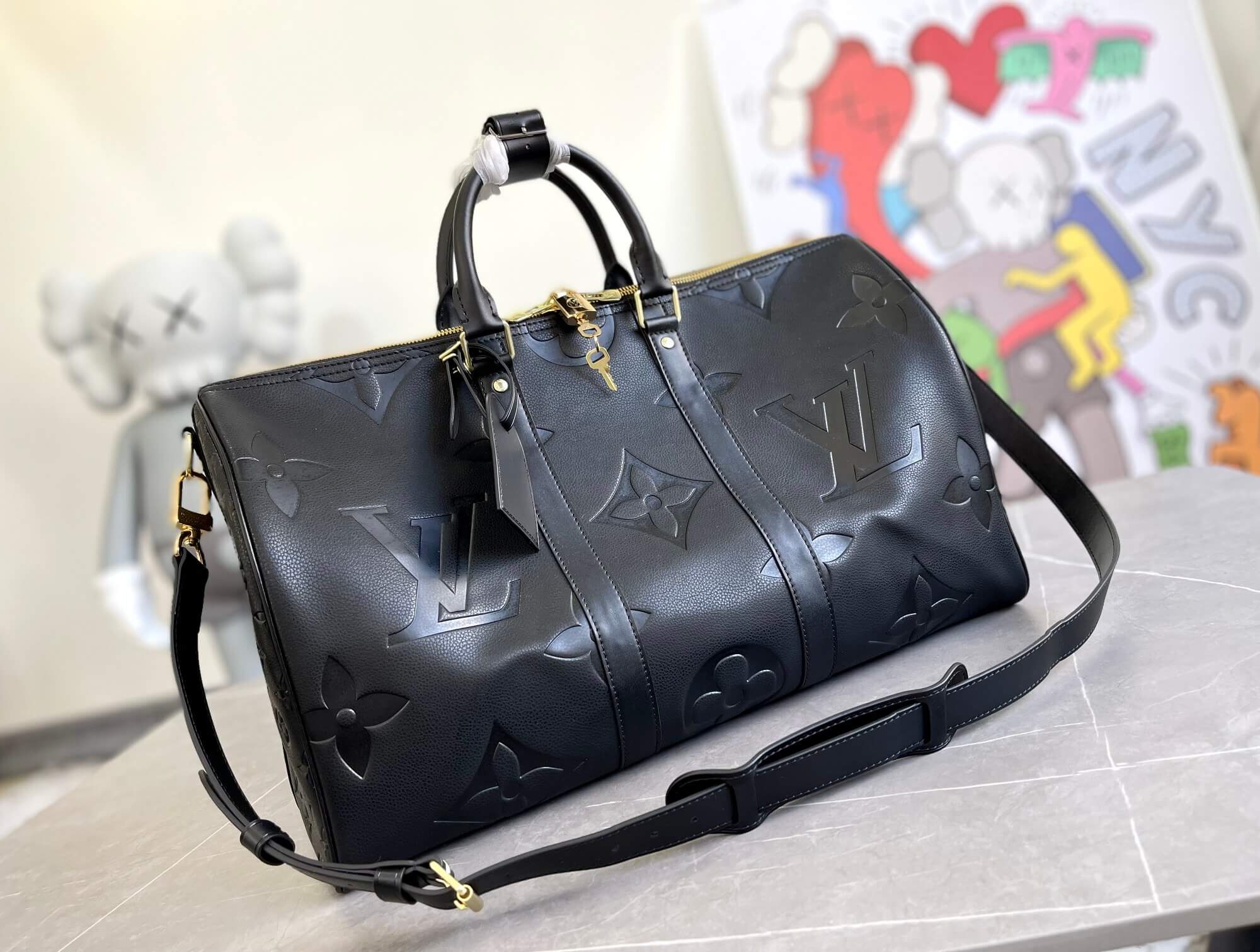 Louis Vuitton LV Monogram Empreinte Giant Keepall Bandoulière 45 Travel Shoulder Bag M45532 Black M46114 Turtledove Beige