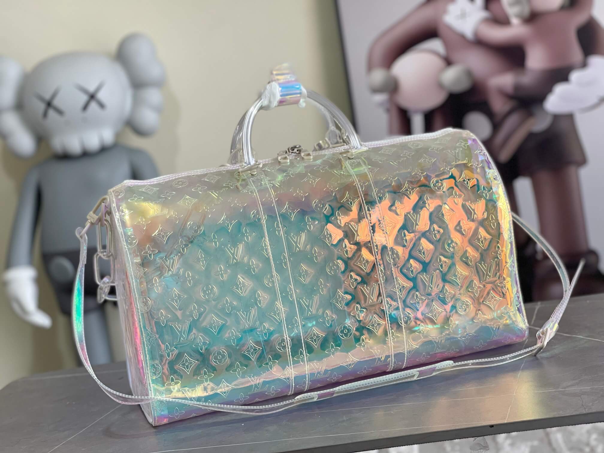 Louis Vuitton LV Monogram Iridescent PVC trim Prism Keepall Bandoulière 50 Travel Shoulder Bag M53271 Transparent - Image 2