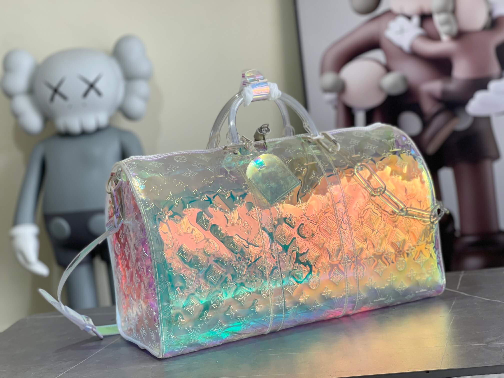Louis Vuitton LV Monogram Iridescent PVC trim Prism Keepall Bandoulière 50 Travel Shoulder Bag M53271 Transparent