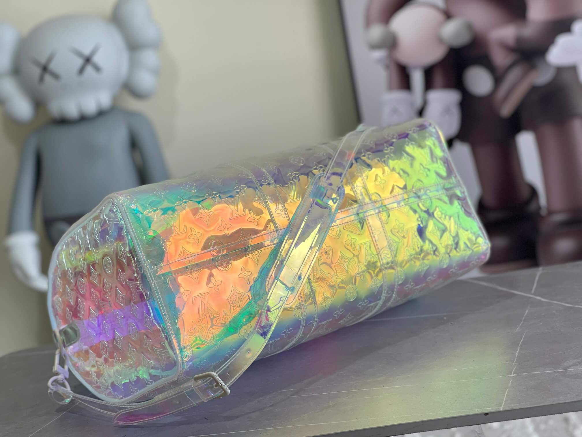 Louis Vuitton LV Monogram Iridescent PVC trim Prism Keepall Bandoulière 50 Travel Shoulder Bag M53271 Transparent - Image 9