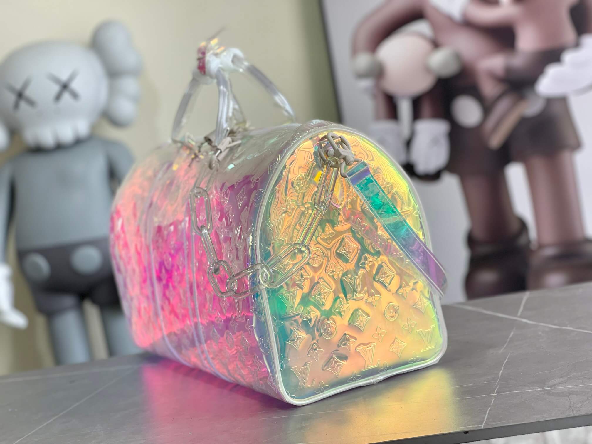 Louis Vuitton LV Monogram Iridescent PVC trim Prism Keepall Bandoulière 50 Travel Shoulder Bag M53271 Transparent - Image 4