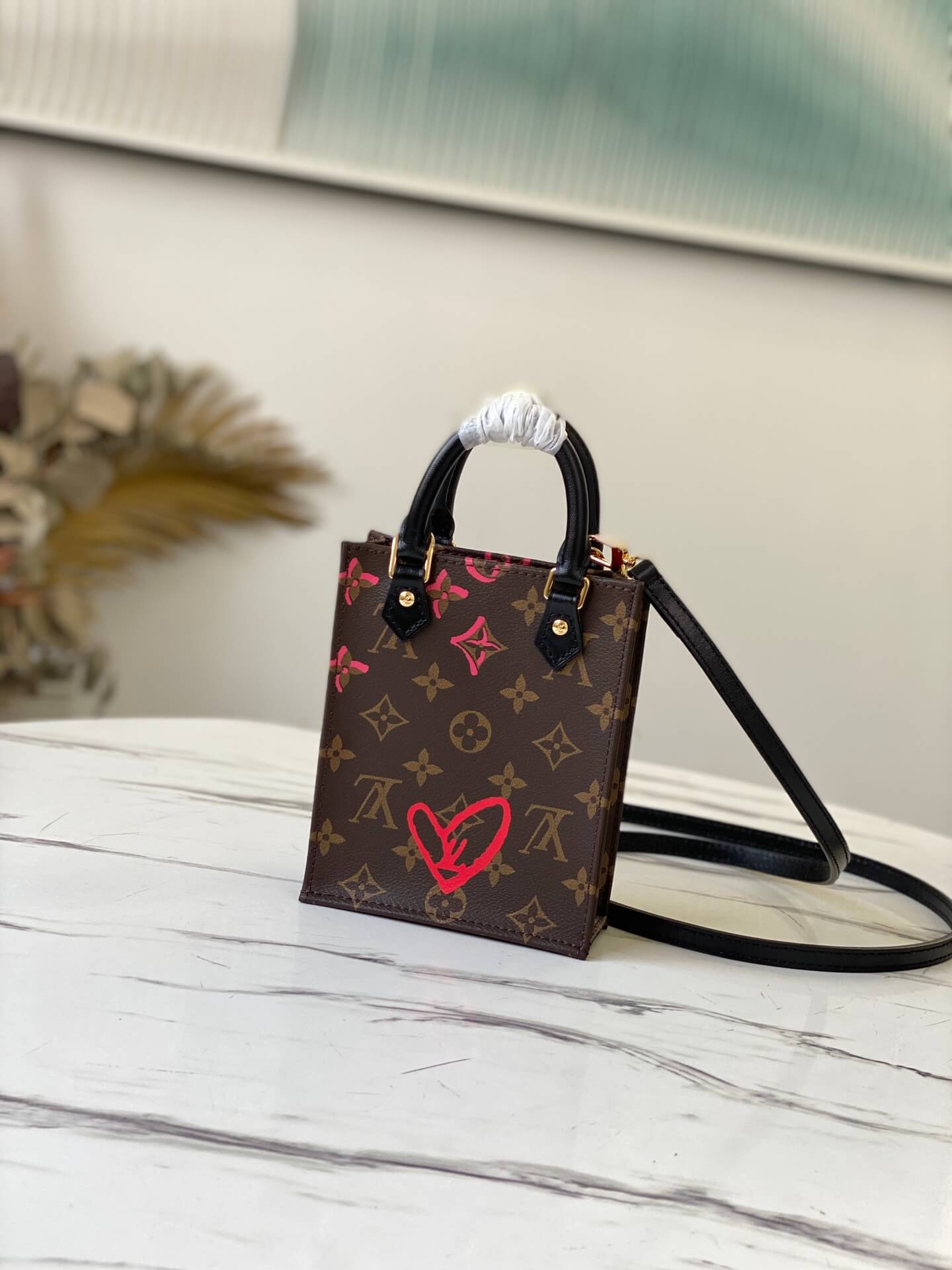 Louis Vuitton LV Monogram Petit Sac Plat mini love heart Handbag M80839 Brown Red